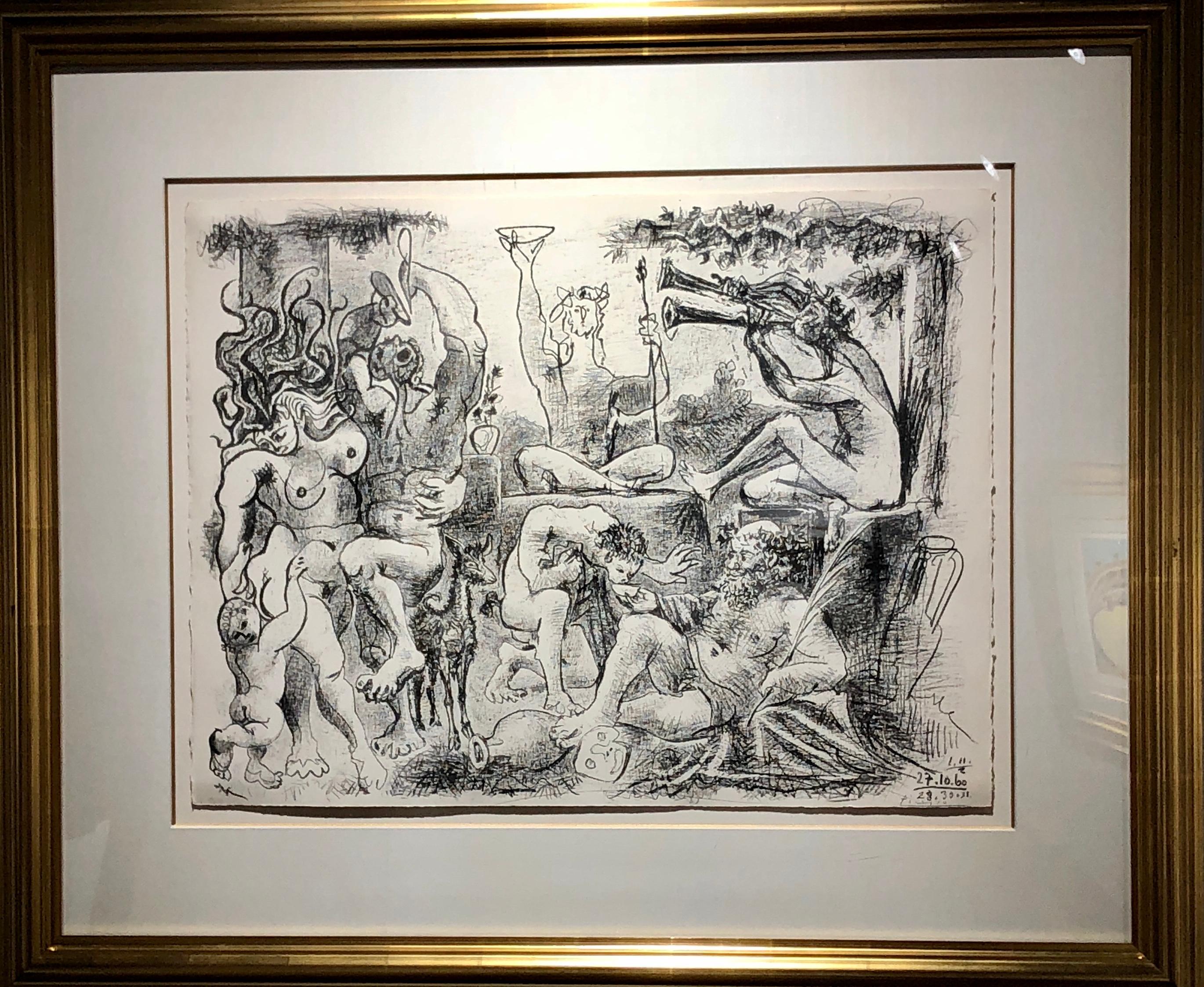 This piece is an original lithograph created by Pablo Picasso in 1960. It is an elaborate composition in crayon, pen and scrapings on transfer paper transferred to stone.  Picasso took up this work six different times, as can be seen on the right