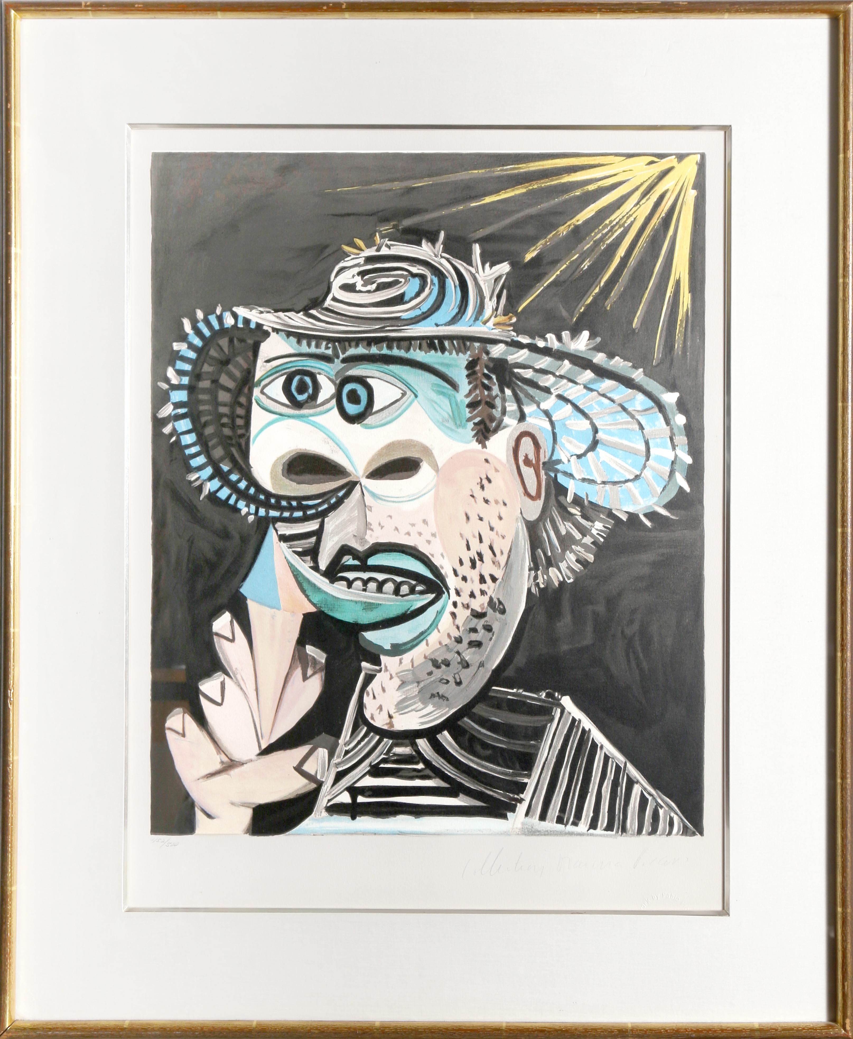 A lithograph from the Marina Picasso Estate Collection after the Pablo Picasso painting "Homme Au Cornet".  The original painting was completed in 1938. In the 1970's after Picasso's death, Marina Picasso, his granddaughter, authorized the creation