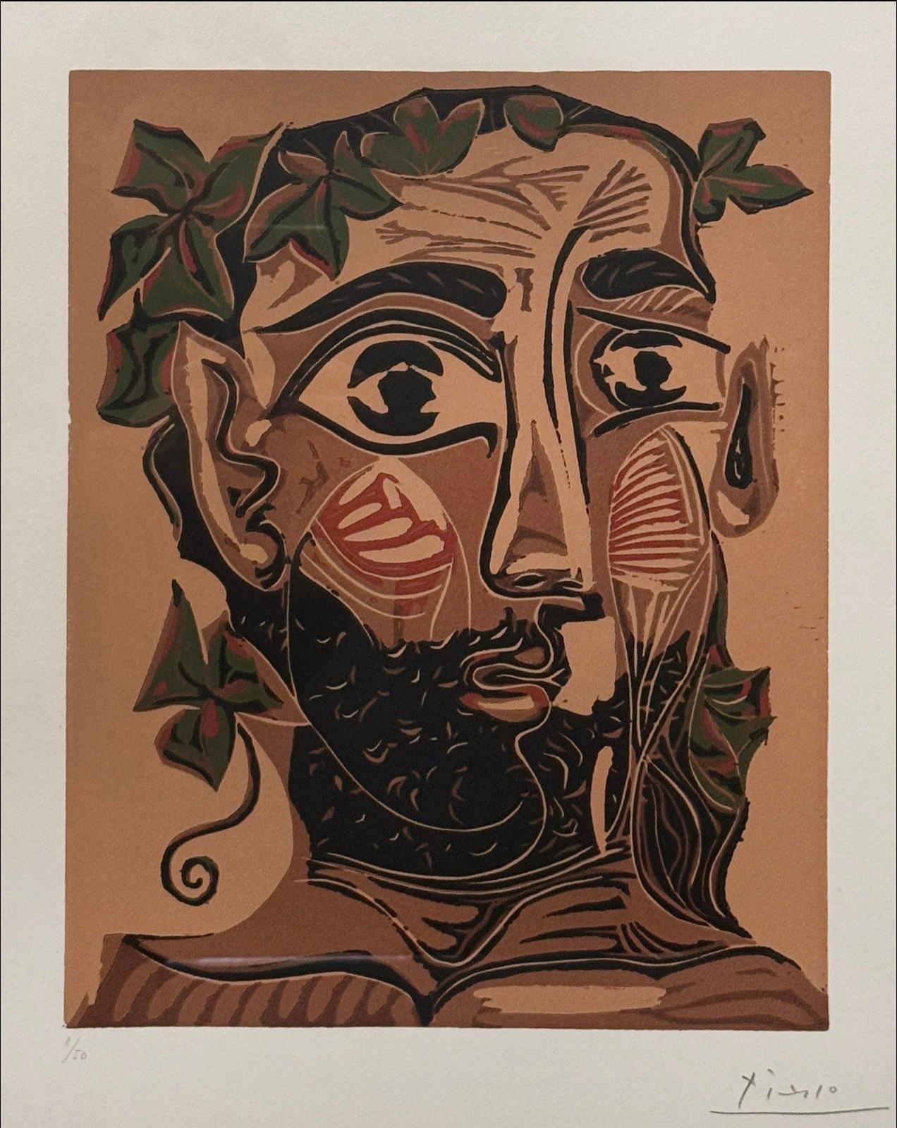 Homme Barbu Couronné de Vigne, 1962 - Signed Pablo Picasso Linocut Print, Framed For Sale 1