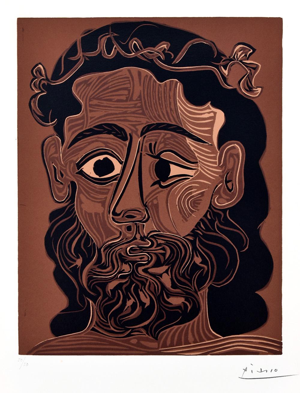Pablo Picasso Figurative Print - Homme barbu couronné feuilles de vigne