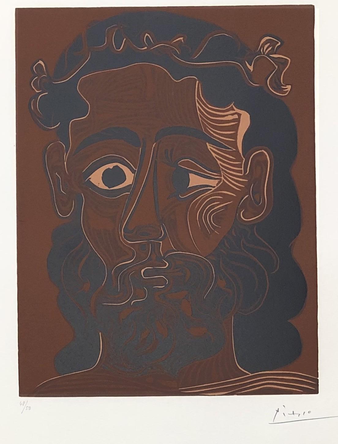 Homme Barbu Couronné - Original Linocut Handsigned - 50 copies - Print by Pablo Picasso