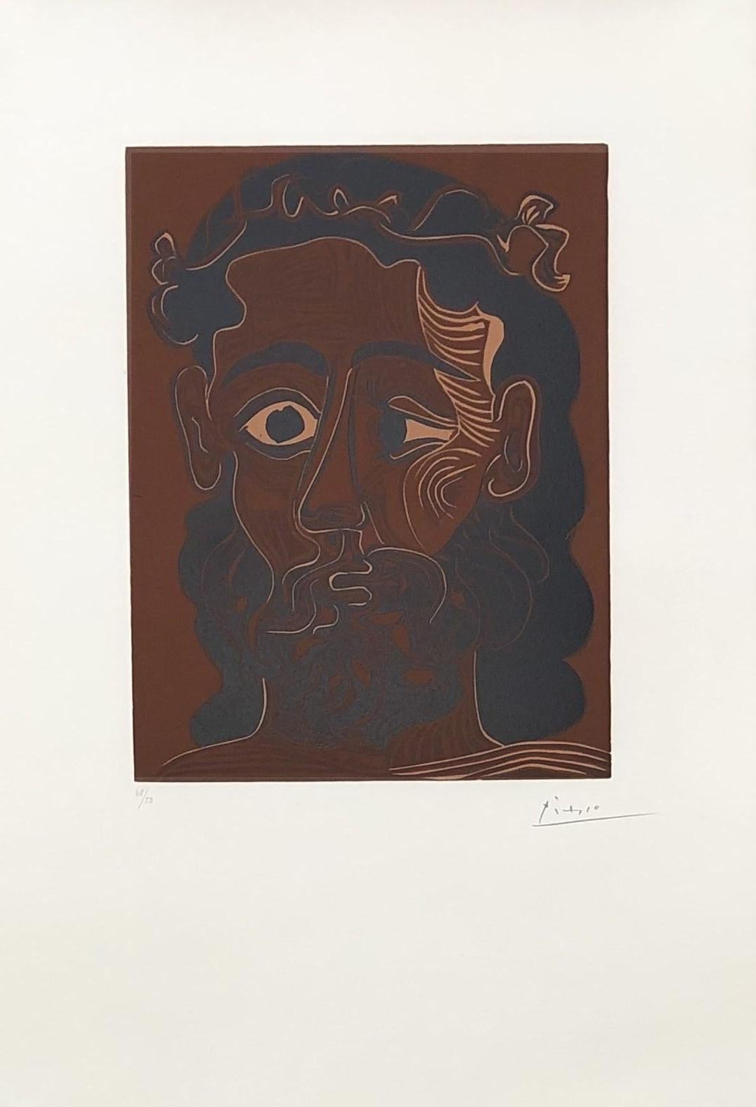 Pablo Picasso Portrait Print - Homme Barbu Couronné - Original Linocut Handsigned - 50 copies