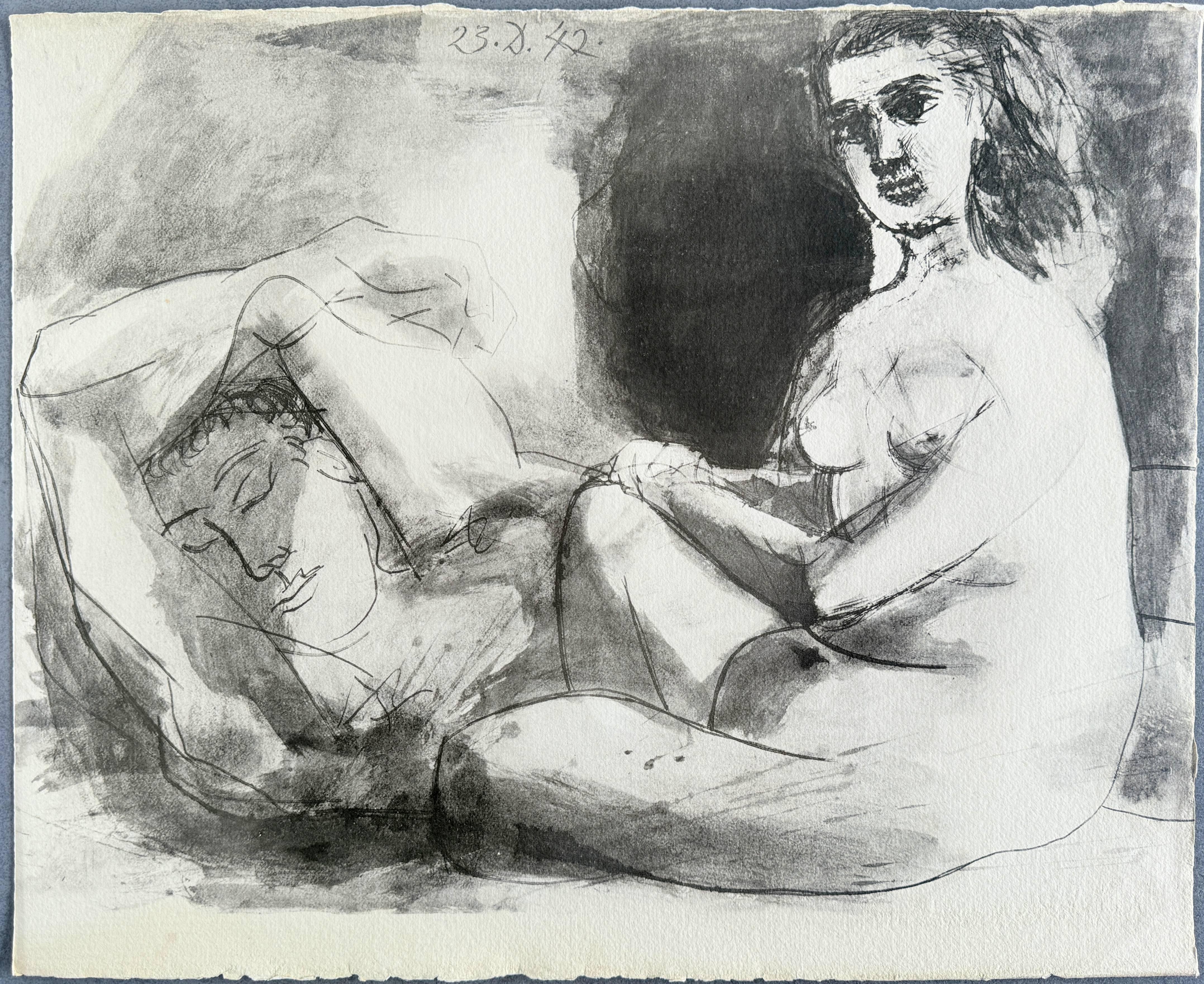 Homme couché et femme assise - Print by Pablo Picasso