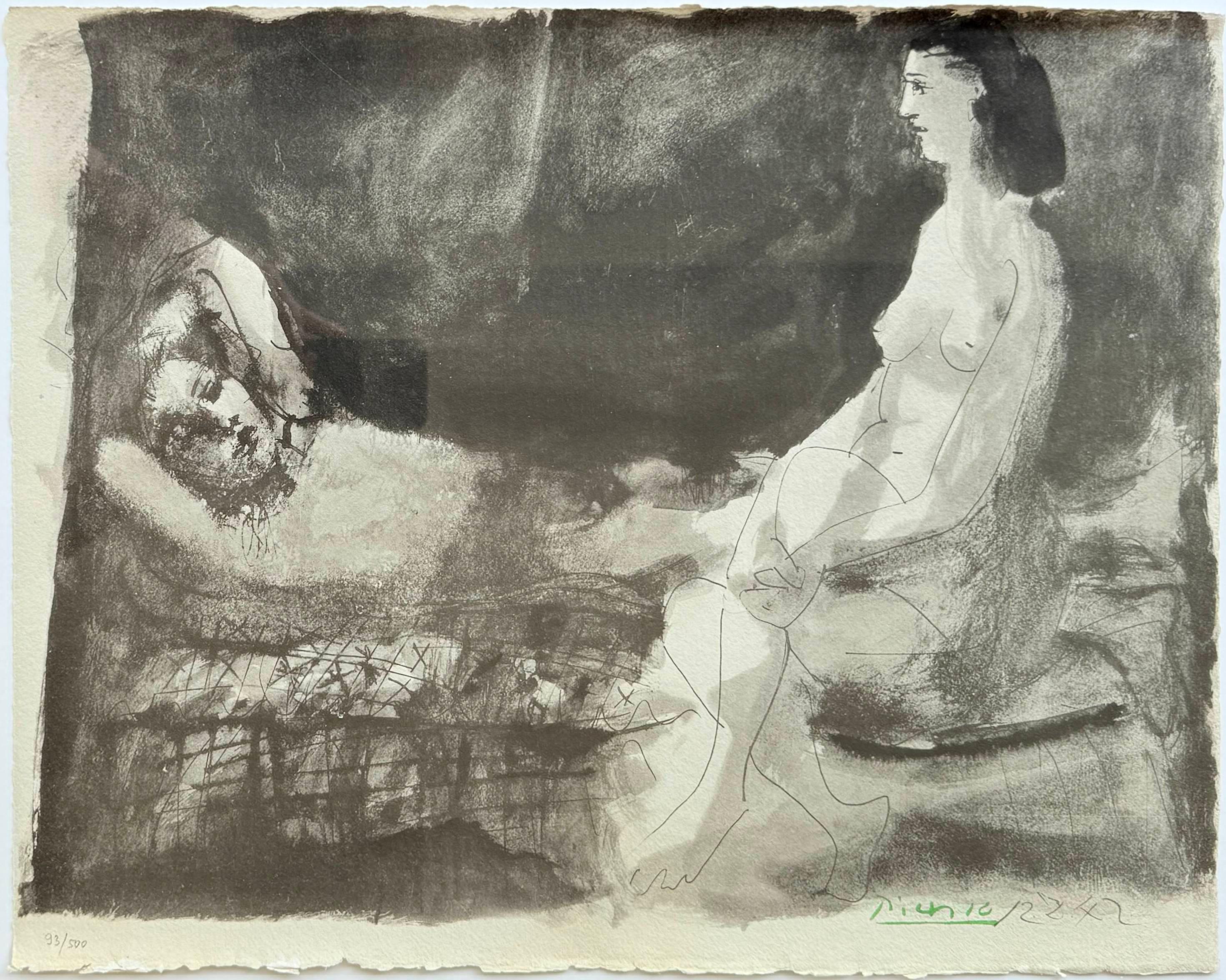 Homme couché et femme assise - Print by Pablo Picasso