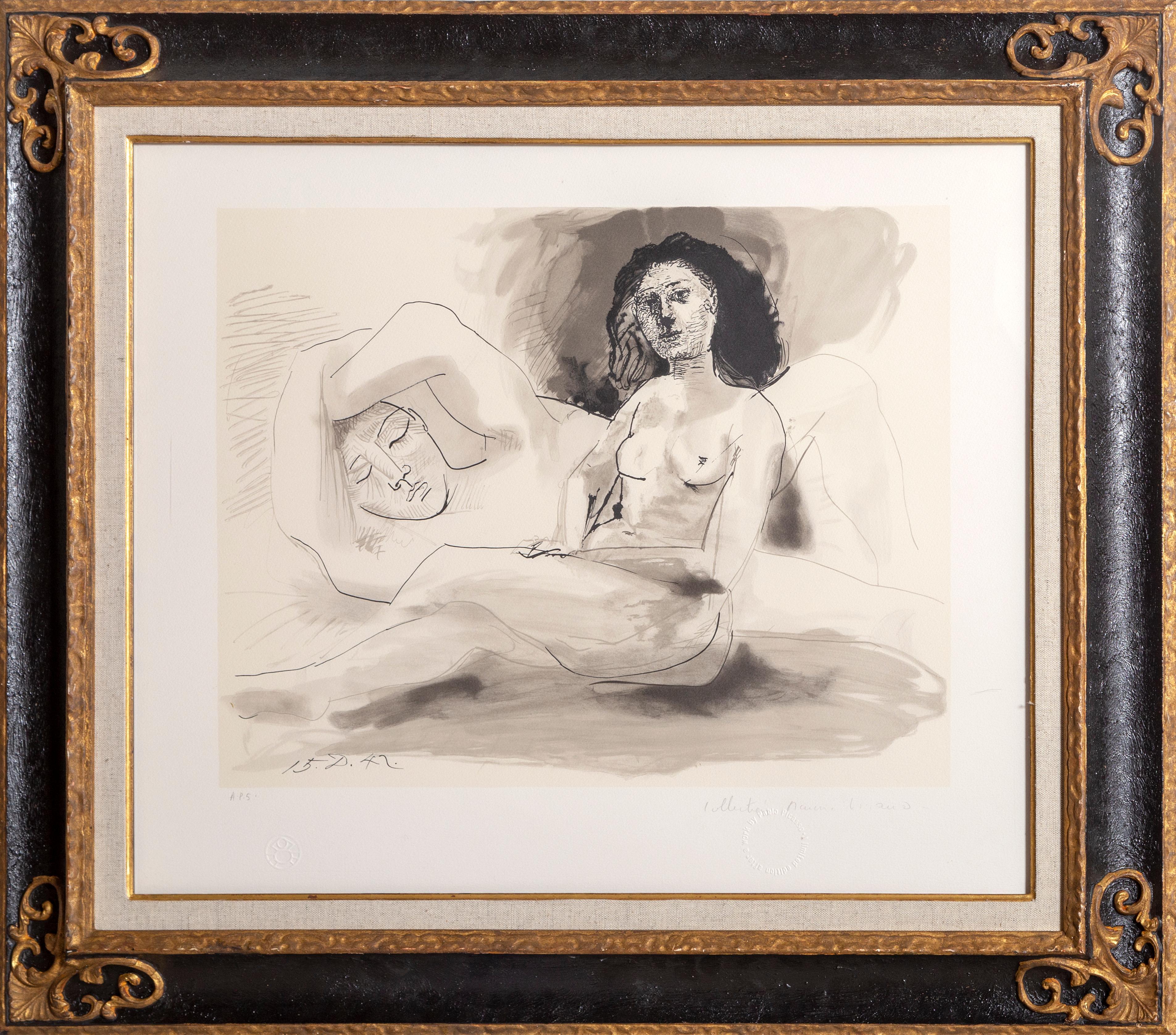 A lithograph from the Marina Picasso Estate Collection after the Pablo Picasso ink and wash drawing "Homme Couchee et Femme Assise".  The original drawing was completed in 1942. In the 1970's after Picasso's death, Marina Picasso, his granddaughter,