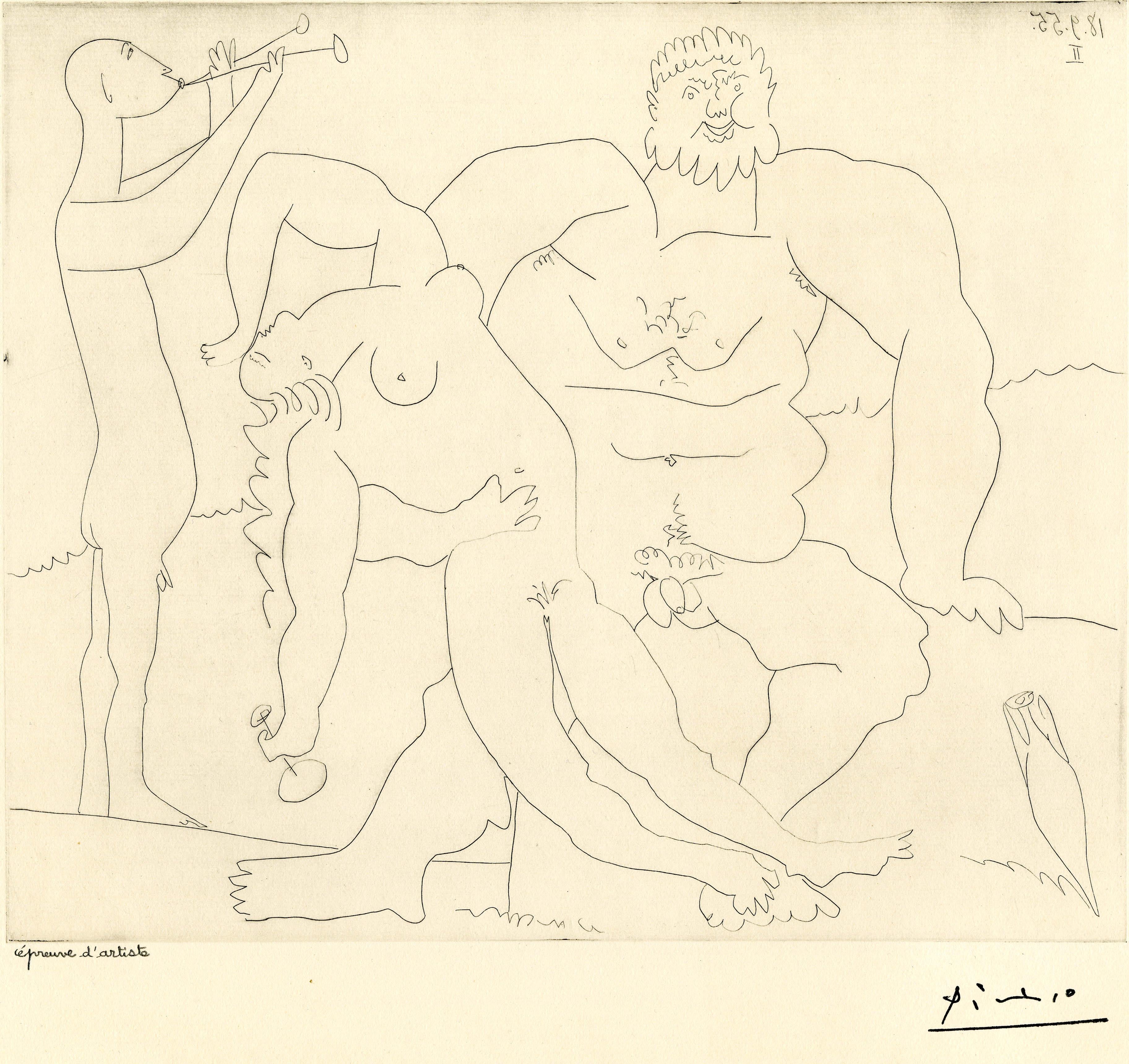 Pablo Picasso Nude Print - Homme nu avec femme ivre et jeune flutiste