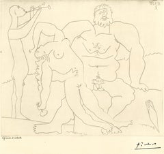 Vintage Homme nu avec femme ivre et jeune flutiste