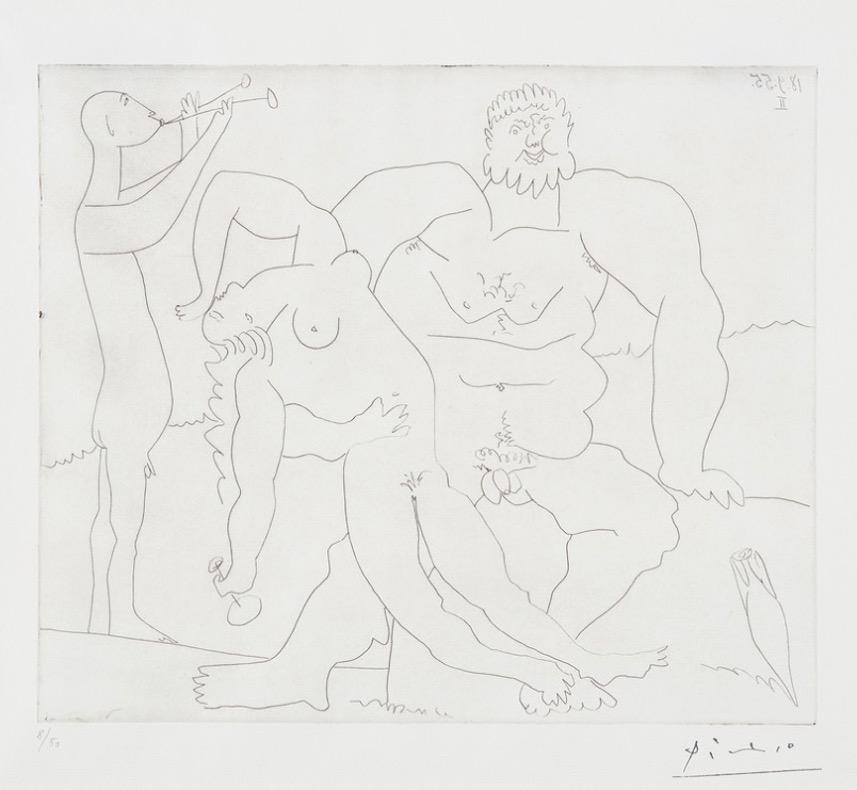 Pablo Picasso Figurative Print - Homme nu avec femme ivre et jeune flûtiste