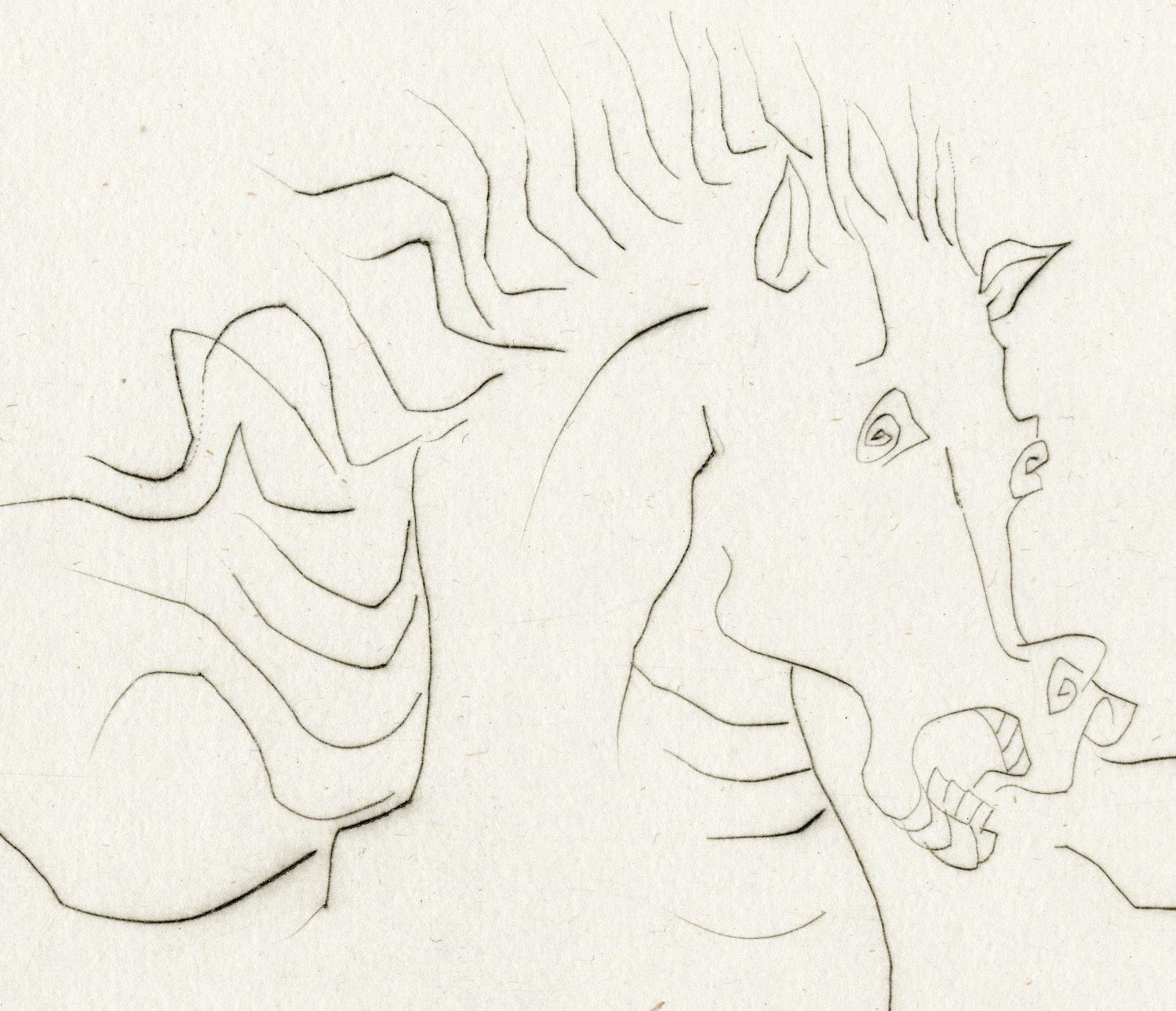 L'une des rares gravures réalisées dans le style du tableau Guernica.
de 1937, l'une des œuvres les plus célèbres de l'artiste.

Homme Nu Debout avec un Cheval
Pointe sèche, 1938
Non signé (tel que délivré)
Il y a quelques éditions de 56 qui  a