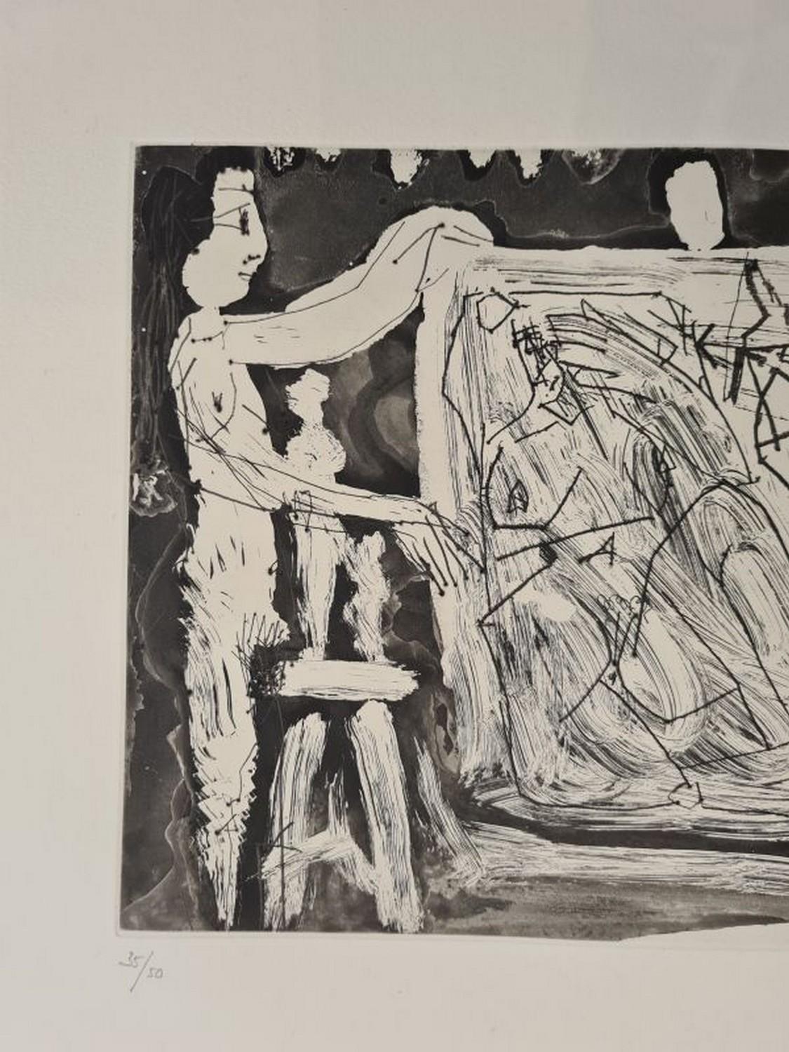 In the studio: two models with a large canvas and sculptures  - Print by Pablo Picasso