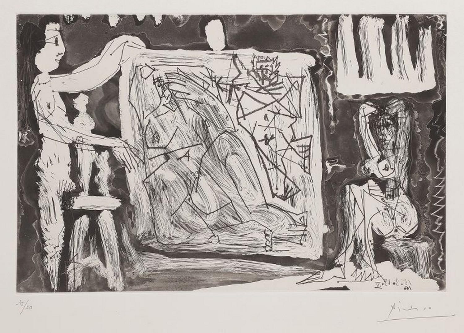 Pablo Picasso Abstract Print - In the studio: two models with a large canvas and sculptures 