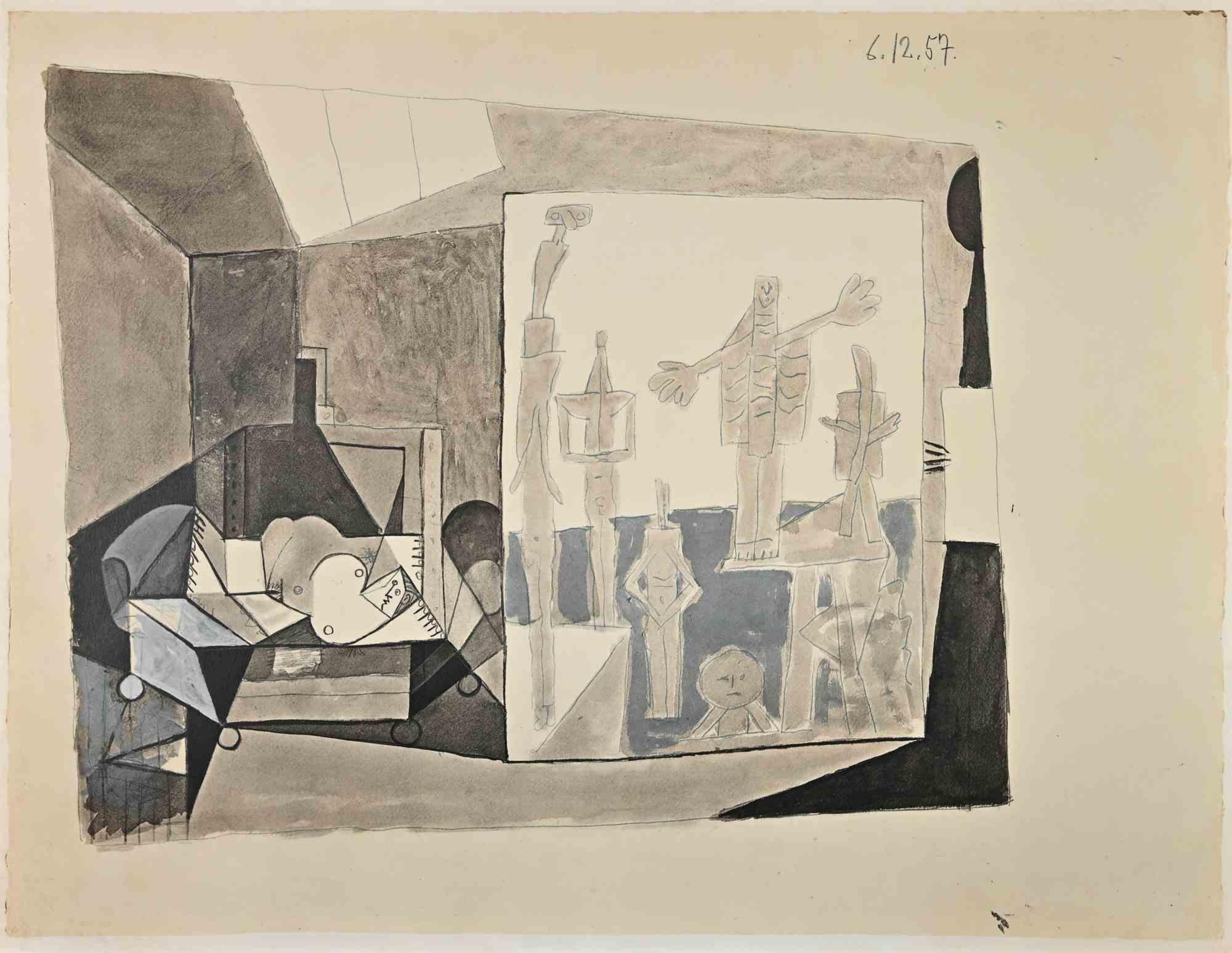 Interior is a vintage photolithograph realized after Pablo Picasso, after the original drawing of 1957.

Signed on the plate.

Very good conditions.

Pablo Picasso (Malaga, 1881 - Moujins, 1973) in the 1973. He was a Spanish painter, sculptor,