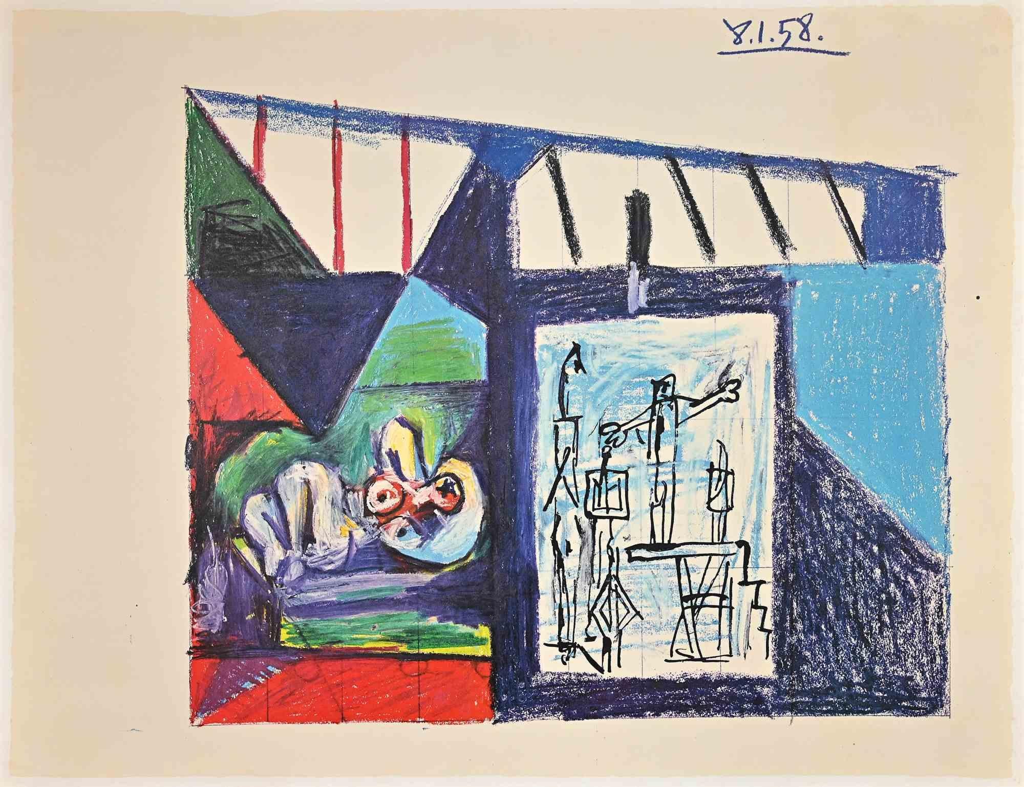 Interior is a vintage photolithograph realized after Pablo Picasso, after the original drawing of 1958.

Signed on the plate.

Very good conditions.

Pablo Picasso (Malaga, 1881 - Moujins, 1973) in the 1973. He was a Spanish painter, sculptor,