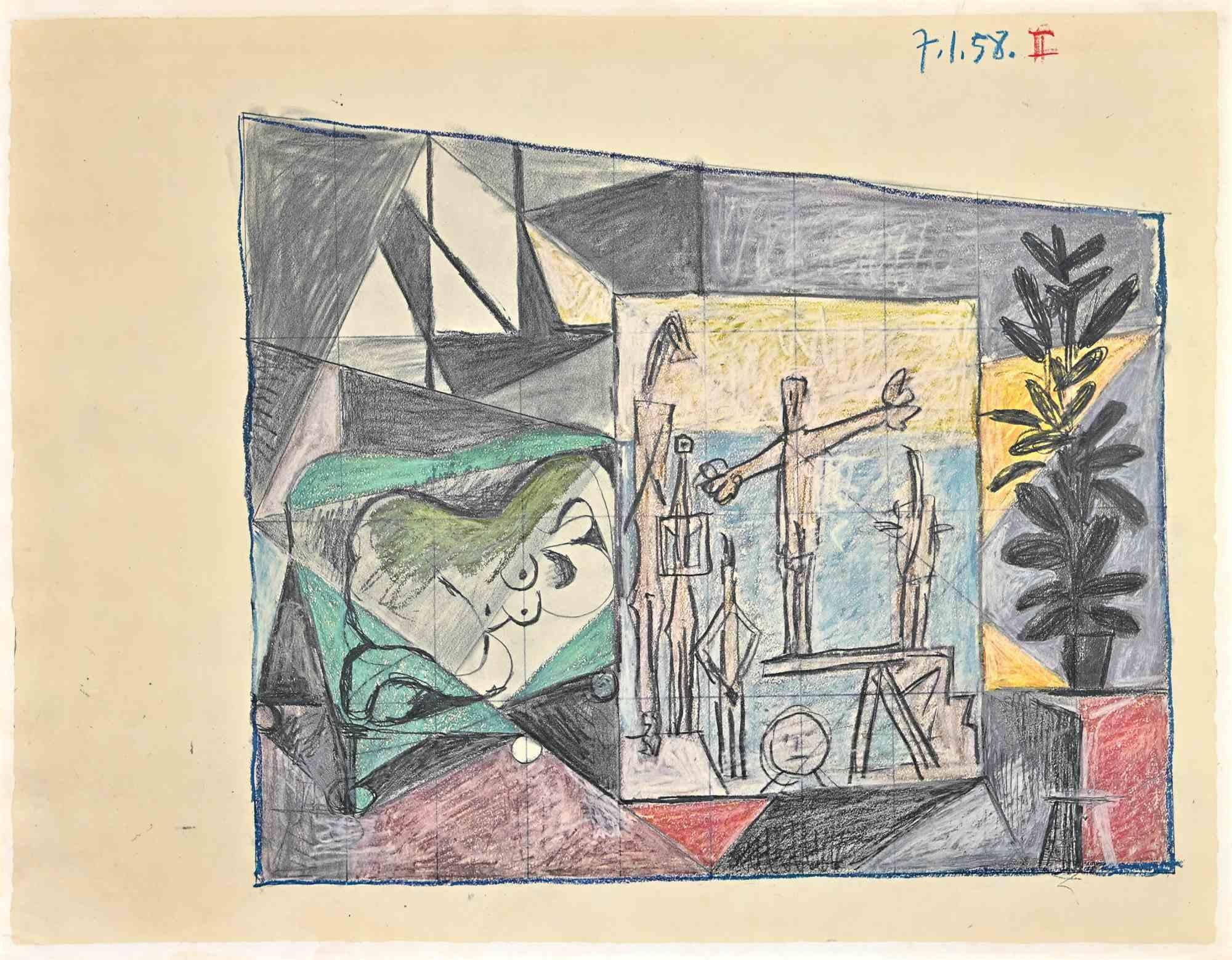Das Innere ist eine Vintage-Fotolithographie nach Pablo Picasso, nach der Originalzeichnung von 1958.

Sehr guter Zustand.

Das Kunstwerk ist in einer ausgewogenen Komposition abgebildet.

Pablo Picasso (Malaga, 1881 - Moujins, 1973) im Jahr 1973.