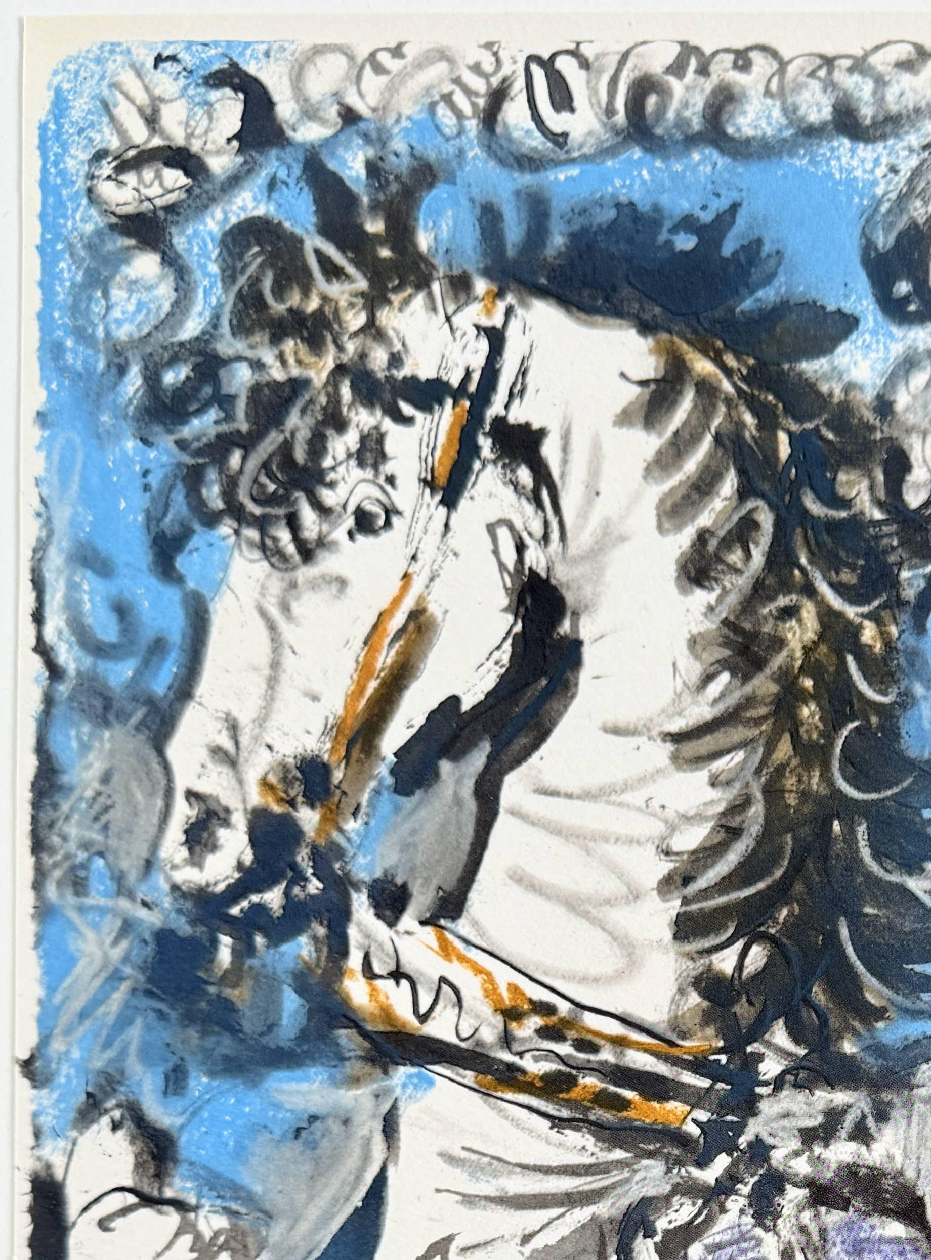 Jacqueline in Lila auf weißem Pferd – Print von Pablo Picasso