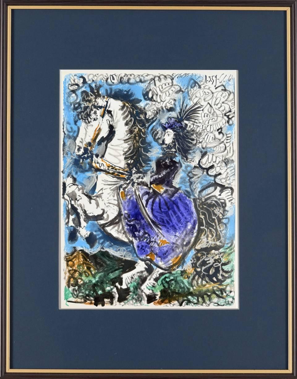 Pablo Picasso Figurative Print – Jacqueline in Lila auf weißem Pferd