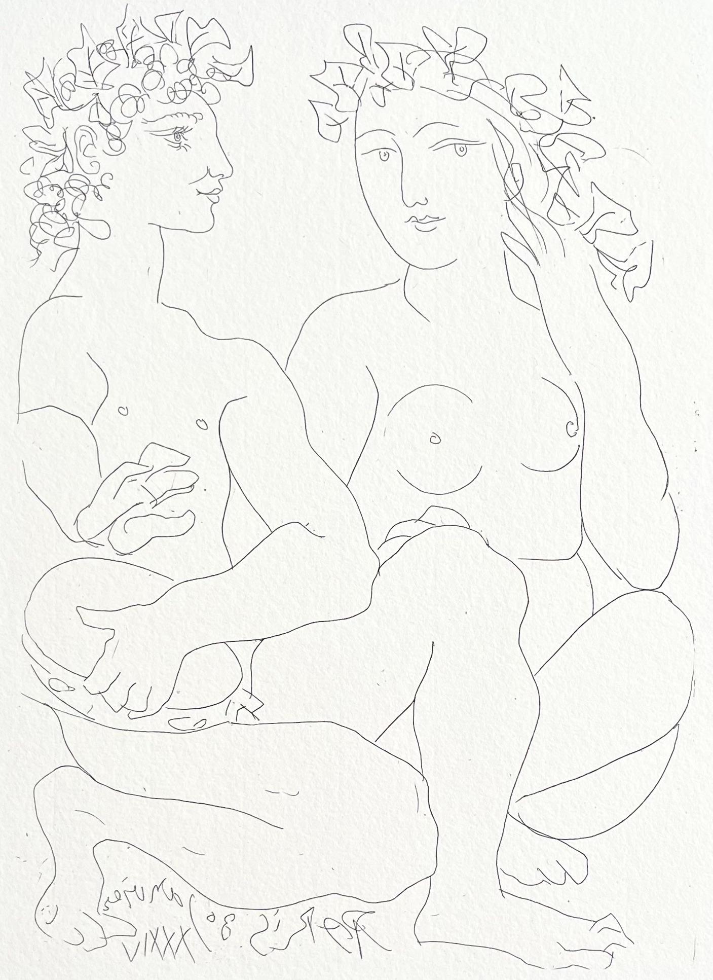 Picasso, Jeune couple accroupi, l'homme avec un tambourin (after)