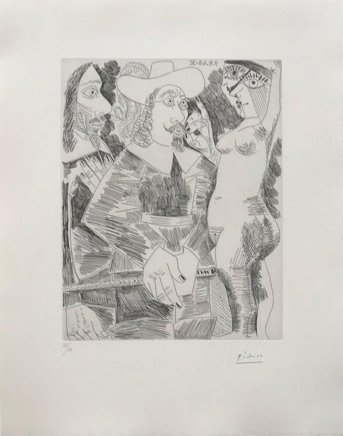 Pablo Picasso Abstract Print - Jeune femme tirant la moustache d'un gentilhomme en train de tortiller son jonc 