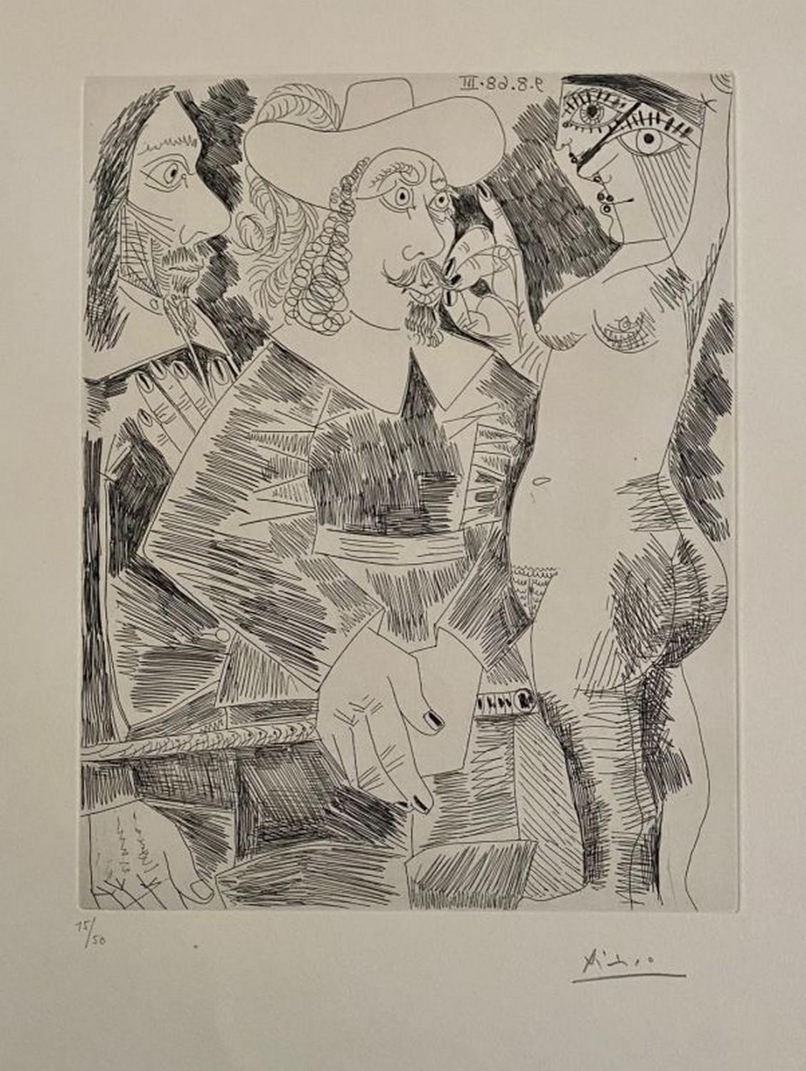 Pablo Picasso Abstract Print - Jeune femme tirant la moustache d'un gentilhomme en train de tortiller son jonc 