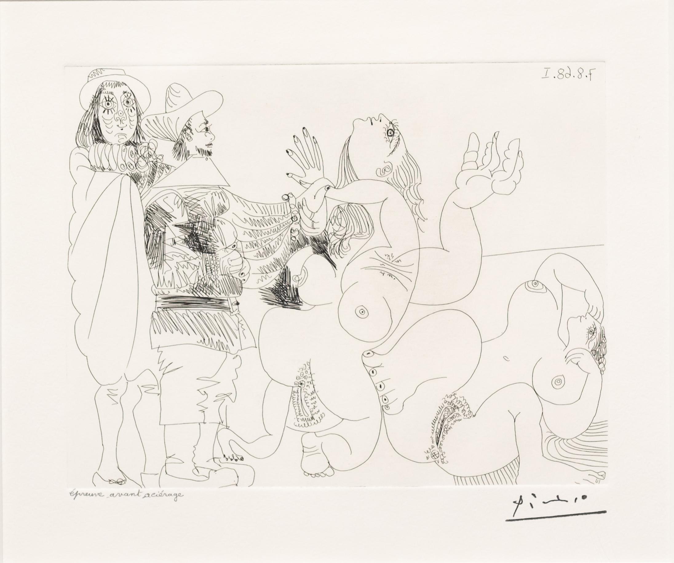 Jeune Seigneur Fantoche avec un Reitre et Deux Femmes Nues - Print by Pablo Picasso