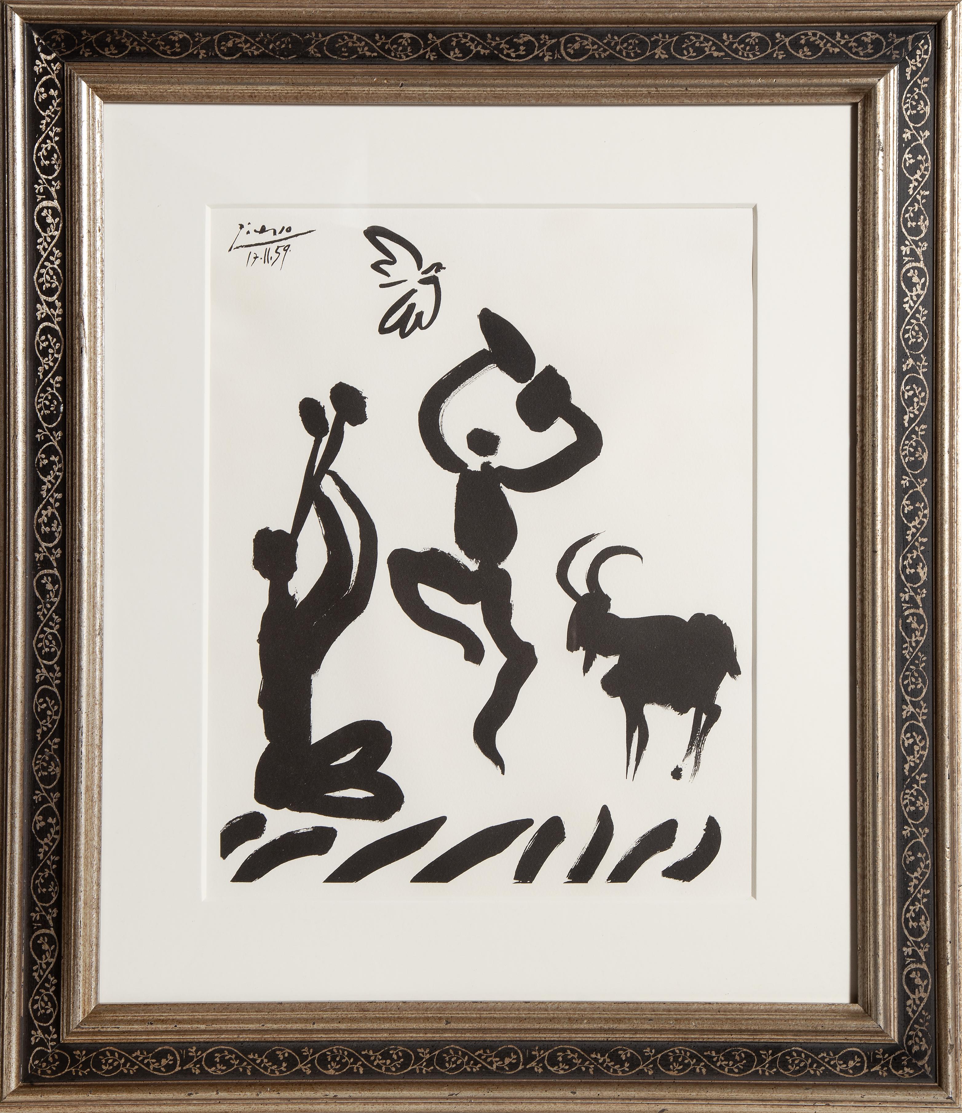 Joueur de flûte et faune after Pablo Picasso, Spanish (1881–1973)
Date: 1959
Lithograph on Wove Paper, signed and dated in the plate
Sight: 18 x 14.5 in. (45.72 x 36.83 cm)
Frame Size: 29.5 x 25.5 inches
Printer: Mourlot, Paris
Publisher: Editions