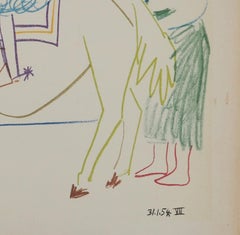 Knight, Nude Woman and Man Wearing a Mask -  Lithograph (Mourlot)