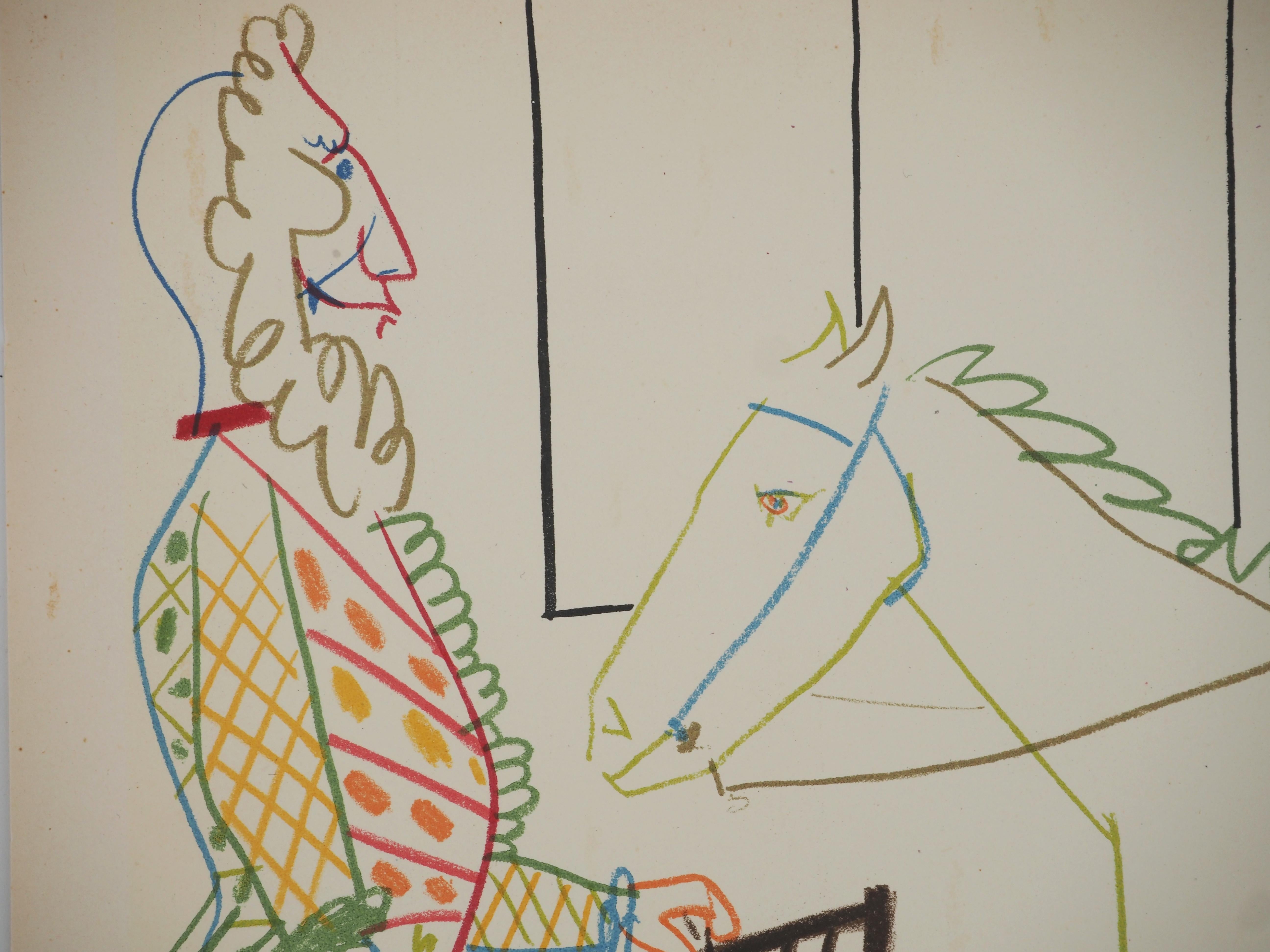 Knight, Nackte Frau und Mann mit einer Maske – Ritter  Lithographie (Mourlot) (Moderne), Print, von Pablo Picasso