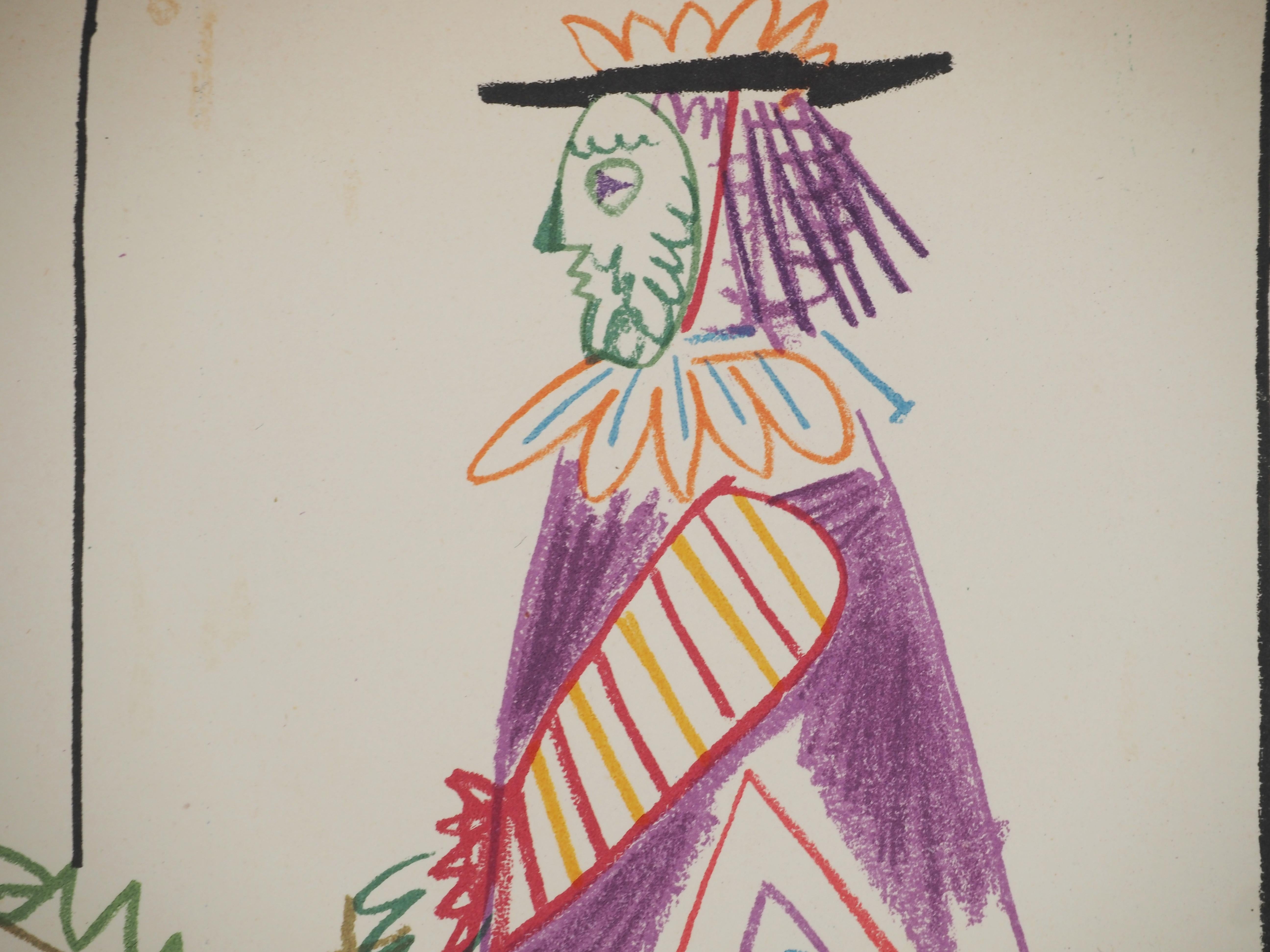 Knight, Nackte Frau und Mann mit einer Maske – Ritter  Lithographie (Mourlot) (Beige), Figurative Print, von Pablo Picasso