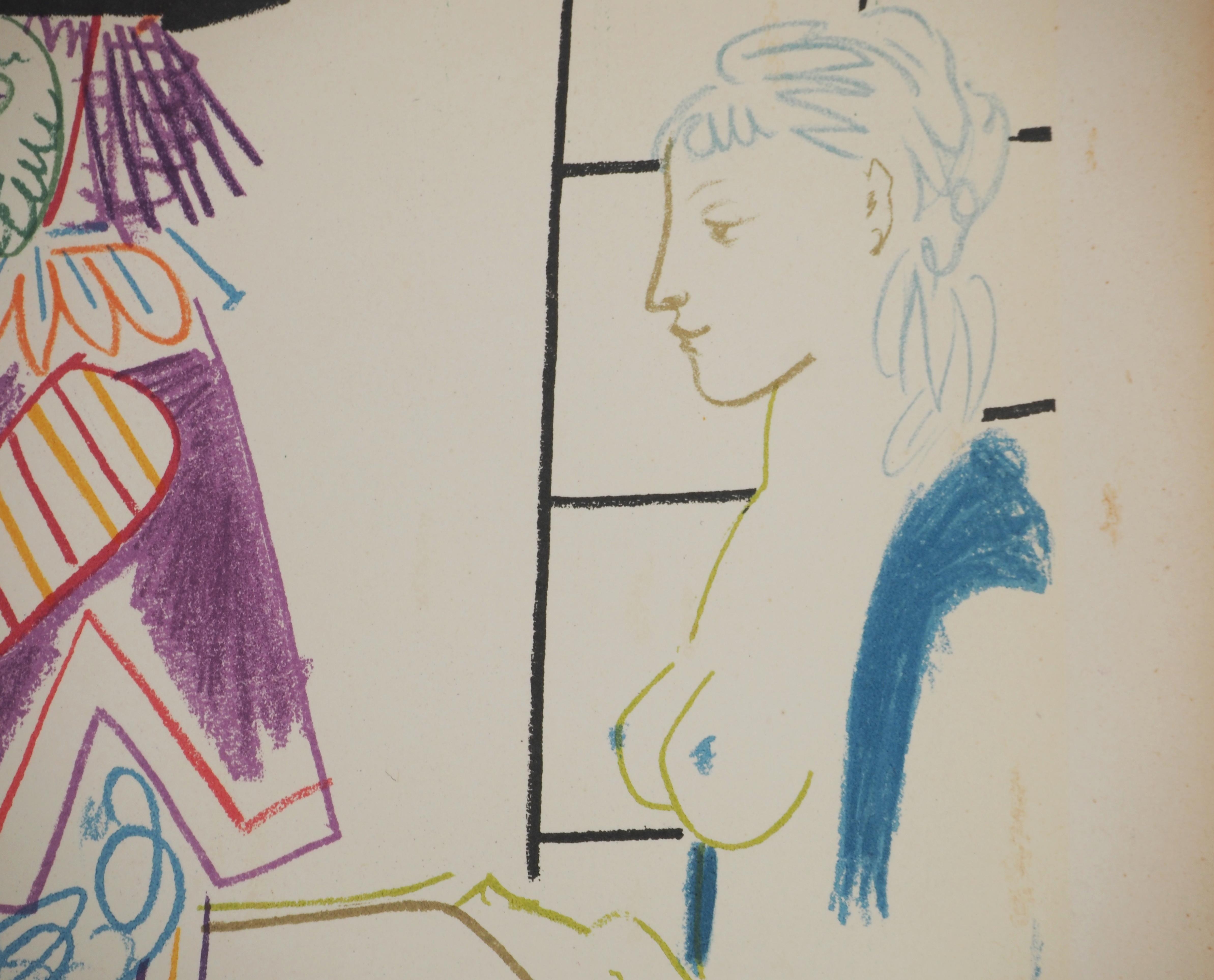 Pablo PICASSO (1881-1973),
Ritter, Nackte Frau und Mann mit Maske, 1954

Lithographie (Werkstatt Mourlot) 
Vorzeichenlos
Gedrucktes Datum auf dem Schild
Auf Papier 26,5 x 35,5 cm (ca. 10,2 x 13.7 in)

INFORMATION : Erstellt für die Mappe Verve Nr.