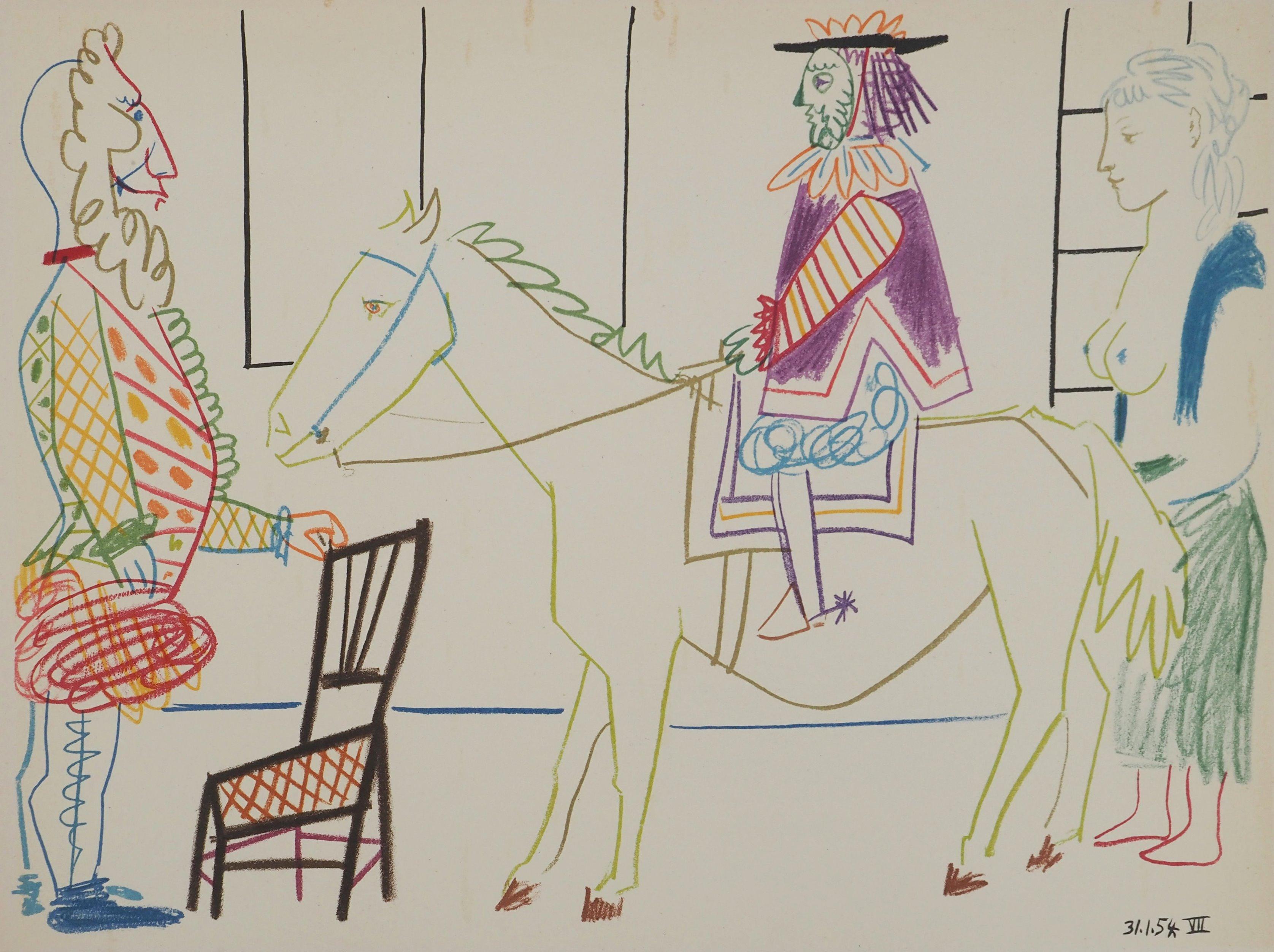 Pablo Picasso Figurative Print – Knight, Nackte Frau und Mann mit einer Maske – Ritter  Lithographie (Mourlot)