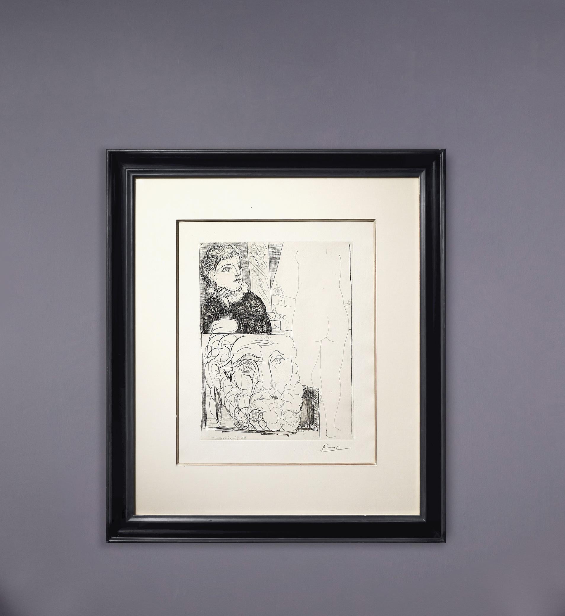 Pablo Picasso ejecutó la Suite Vollard, un conjunto de grabados con imágenes de inspiración clásica (la suite debe su nombre a Ambroise Vollard, el marchante que encargó la obra). Esta pieza en concreto, una edición de 260, ilustra, como nos dice el