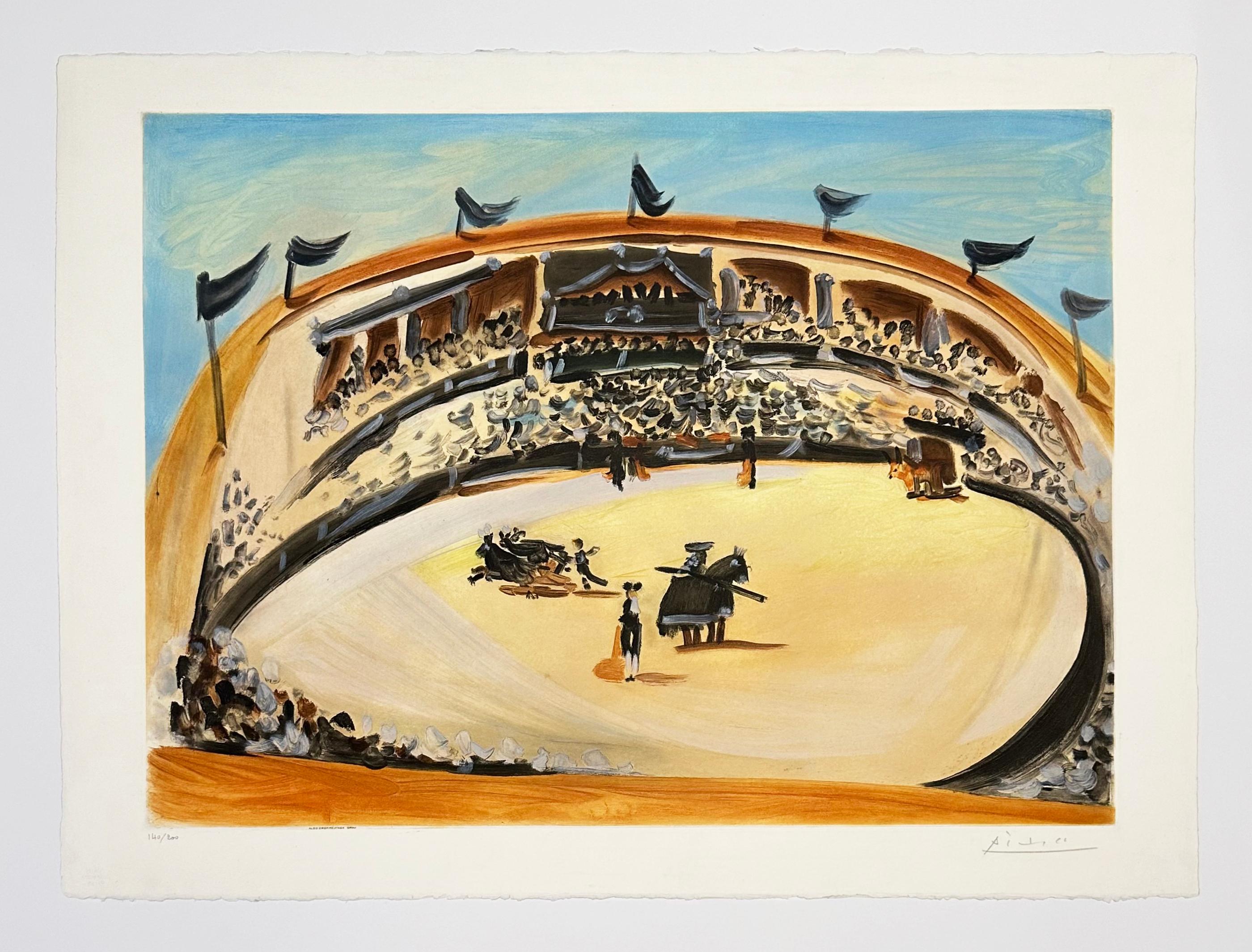 Artist: Pablo Picasso (after)
Title: La Corrida (The Bullfight)
Medium: Aquatint in colors on Arches wove paper
Date: 1956
Edition: 104/200
Printer by Atelier Crommelynck Paris
Published by Atelier Lacourière, Paris
Frame Size: 33 3/4