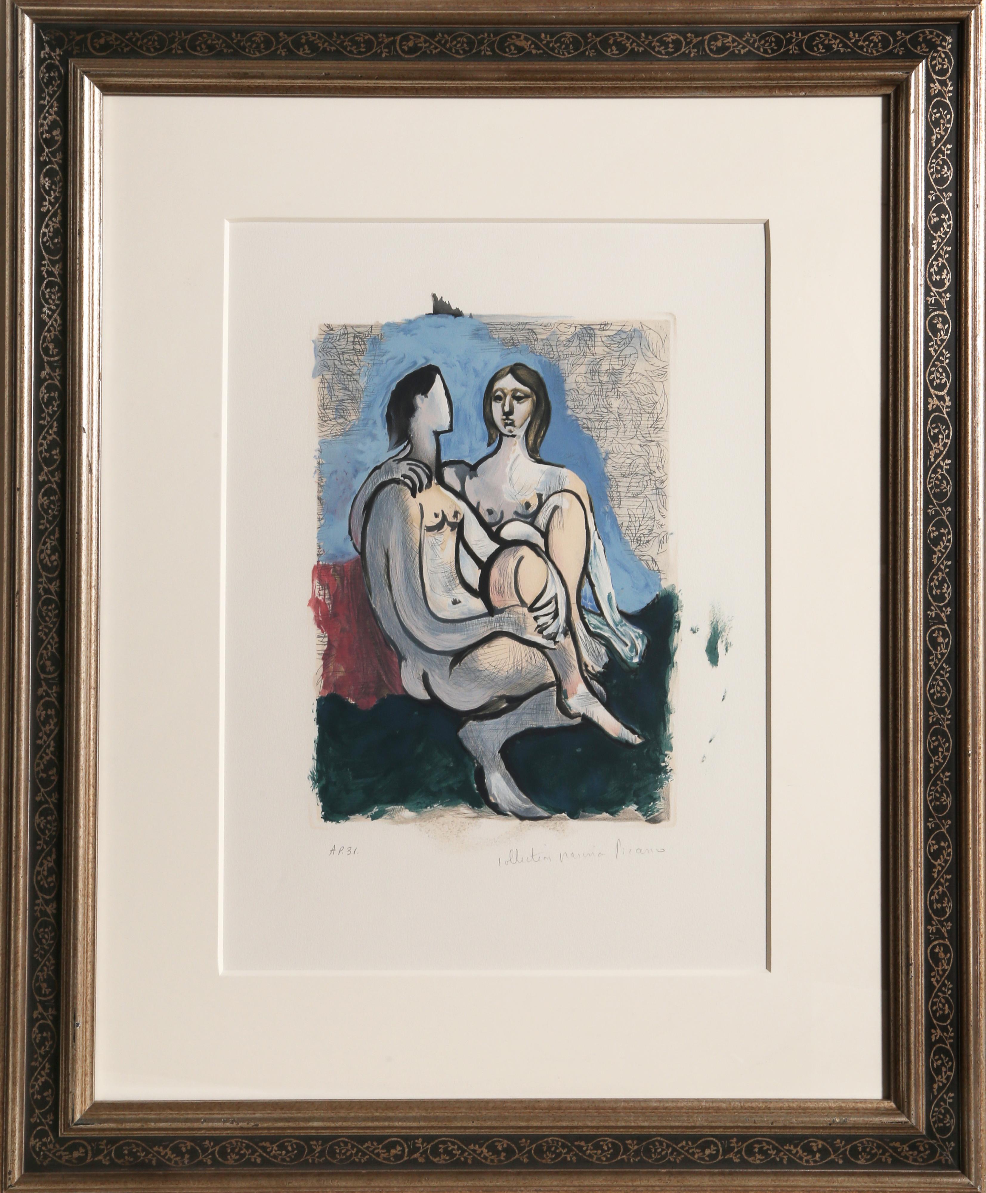 Eine Lithographie aus der Marina Picasso Estate Collection nach dem Gemälde "La Couple" von Pablo Picasso. Das Originalgemälde wurde im Jahr 193o fertiggestellt. In den 1970er Jahren, nach Picassos Tod, autorisierte Marina Picasso, seine Enkelin,