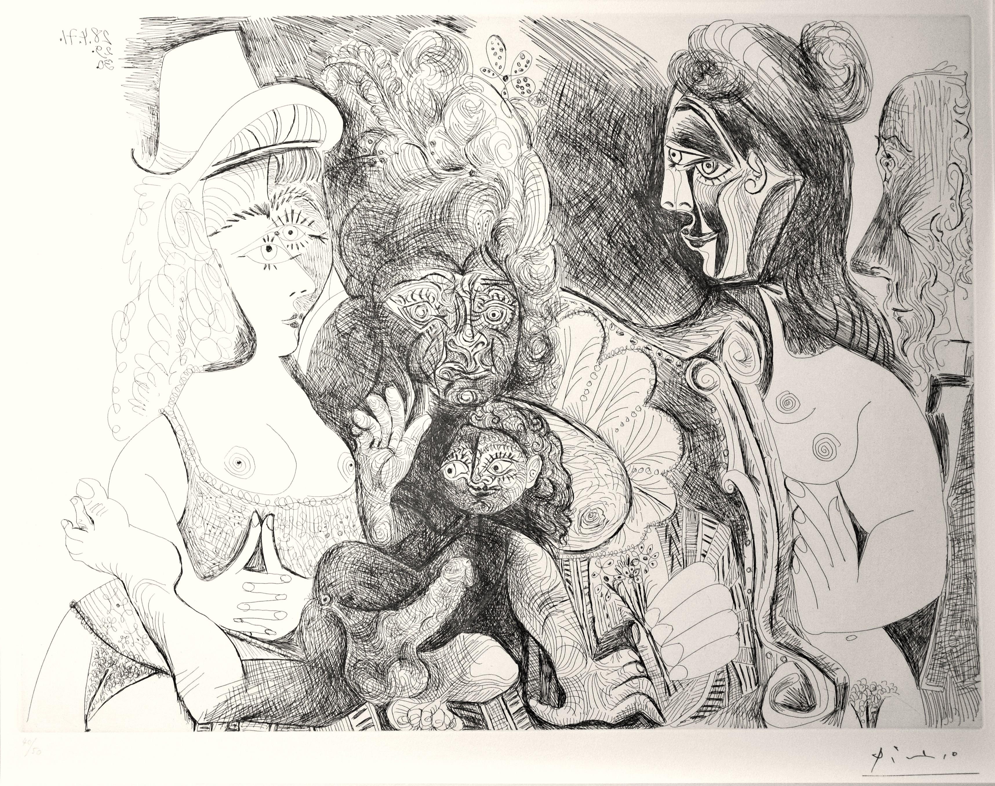 Cette gravure de Picasso est une édition de 50 tirages, planche 115 de la "Série 156". Signature estampillée telle qu'elle a été émise.

N° 40 de l'édition de 50.

Épreuve originale, impression parfaite sur vélin blanc, très fraîche et avec feuille