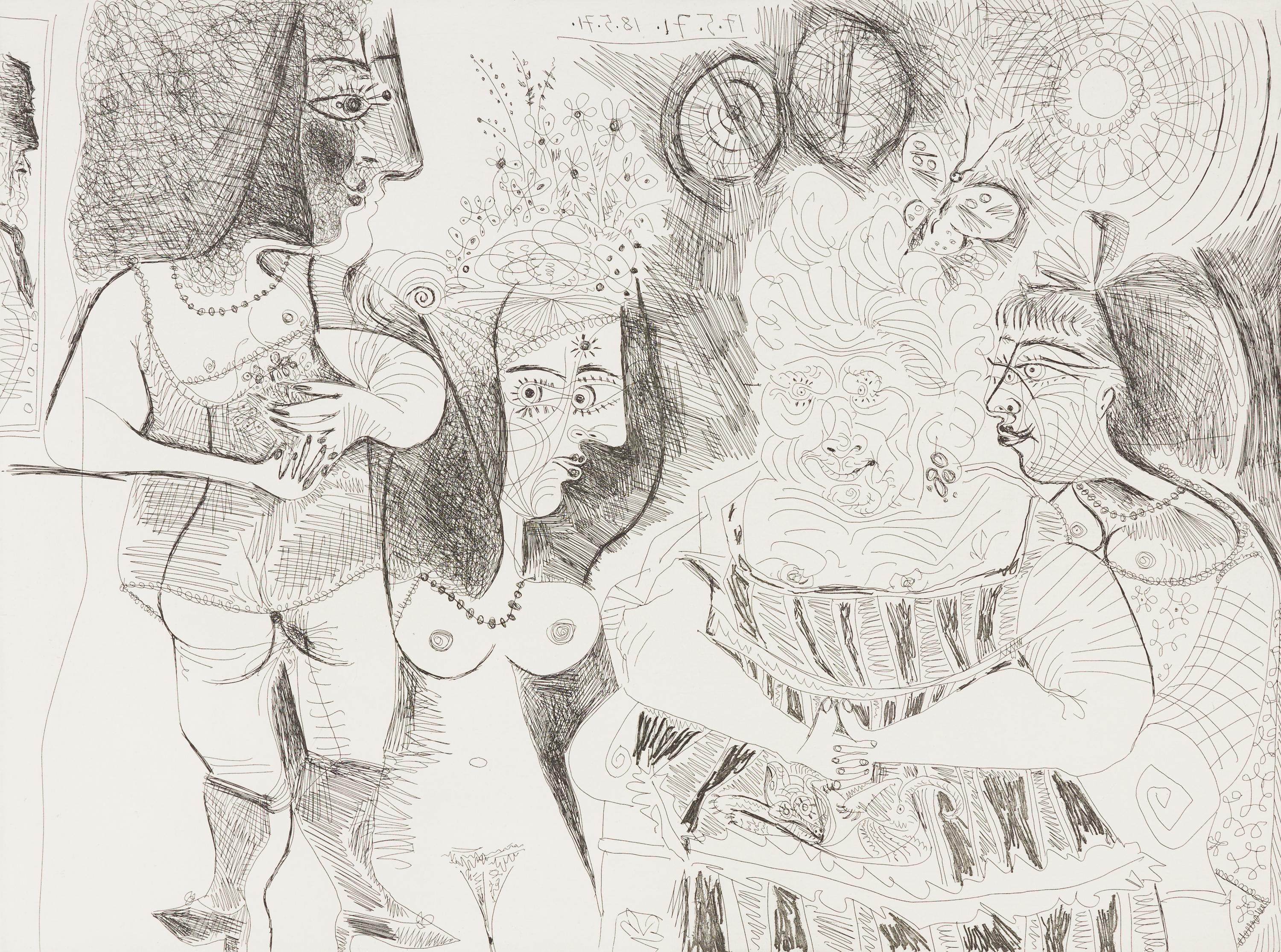 La fête de la patronne, petit chien, fleurs et potins, portrait de Degas au mur - Print de Pablo Picasso