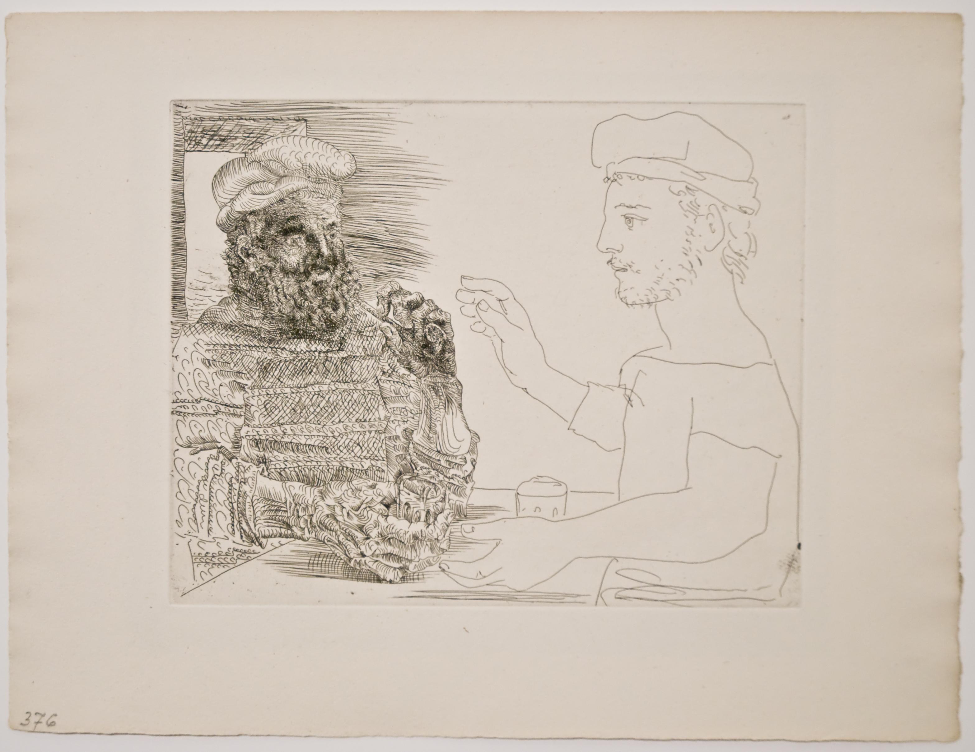 Pablo Picasso Figurative Print - La Taberna. Jeune Pêcheur catalan racontant sa Vie à un Vieux Pêcheur barb B228