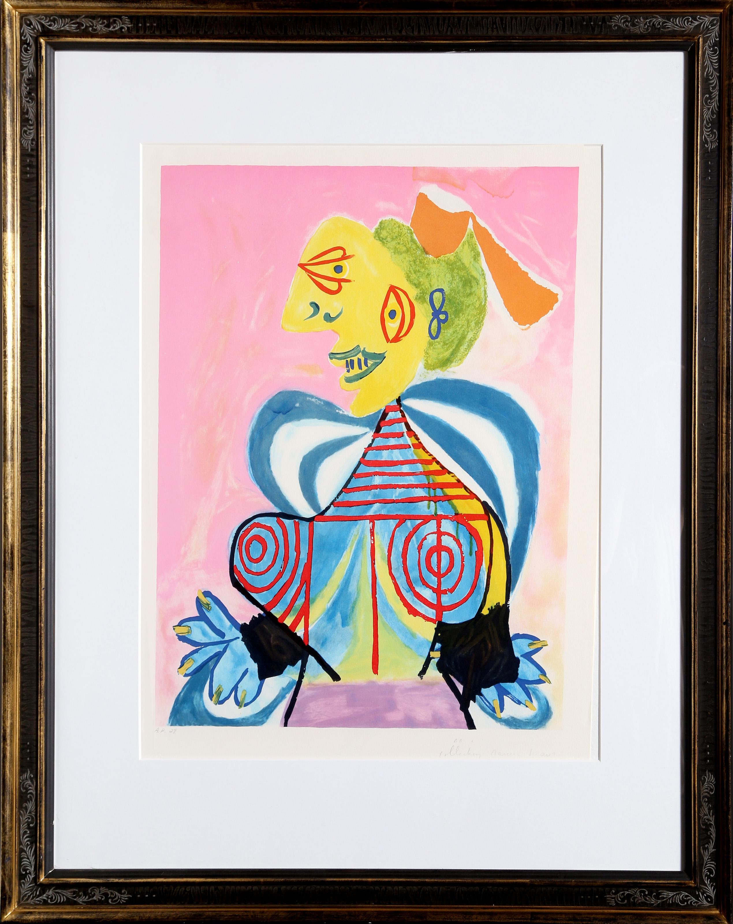 Pablo Picasso's depiction of a woman from Alès is bright and colorful, rendered in bright shades of pink, yellow, and blue. Shown in a Cubist style with her face and body fragmented, the woman is comprised of several rounded and curving forms that