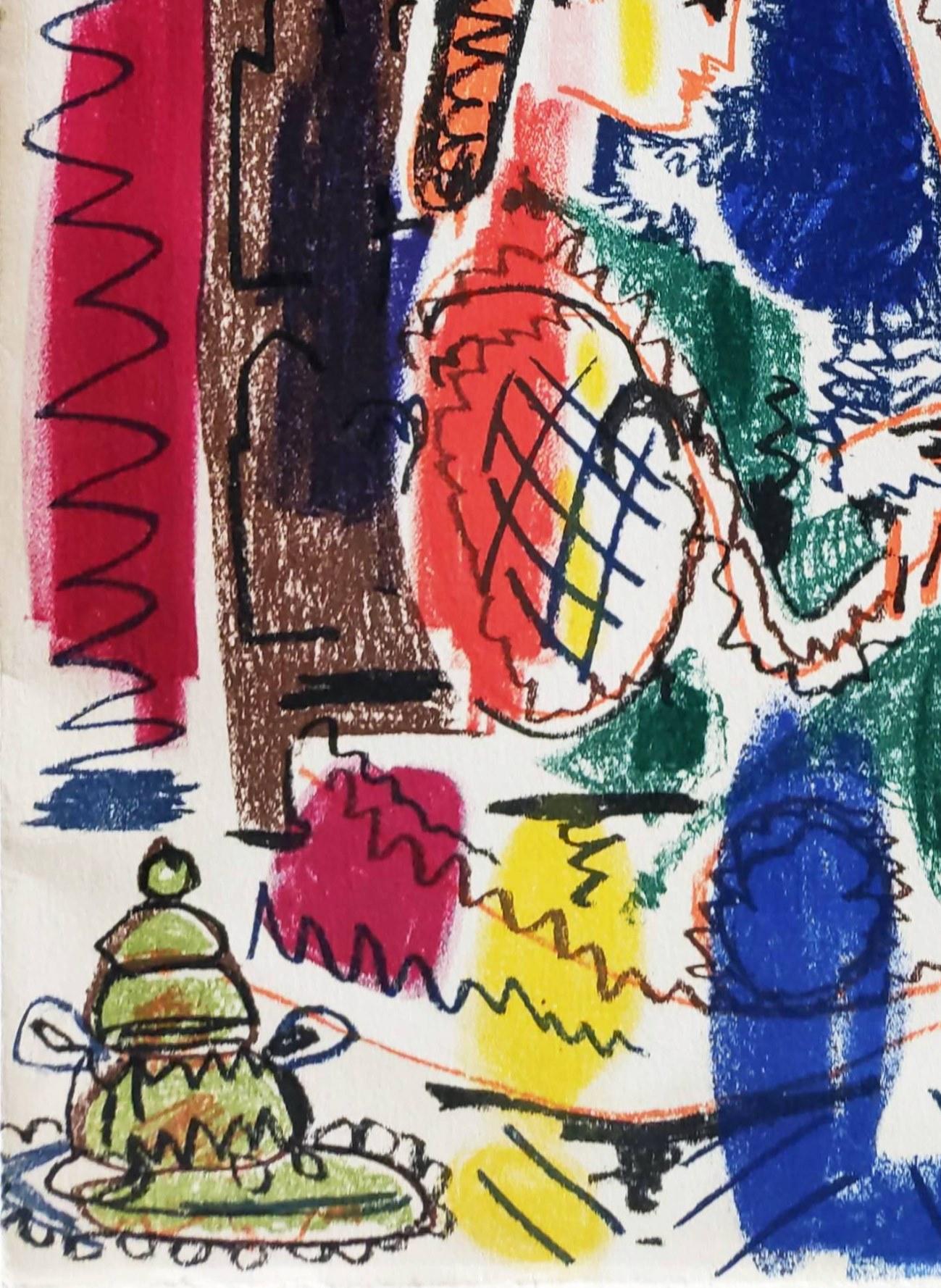 Lithograph in seventeen colors, on Arches paper.
Year: 1958
Paper: Arches wove
Signature & Inscription: Plate signed and dated in red at top center: “pour Gilberte et Serge, Picasso, 5.12.58”; upper left bears the black date “7.4.56”
Catalogue