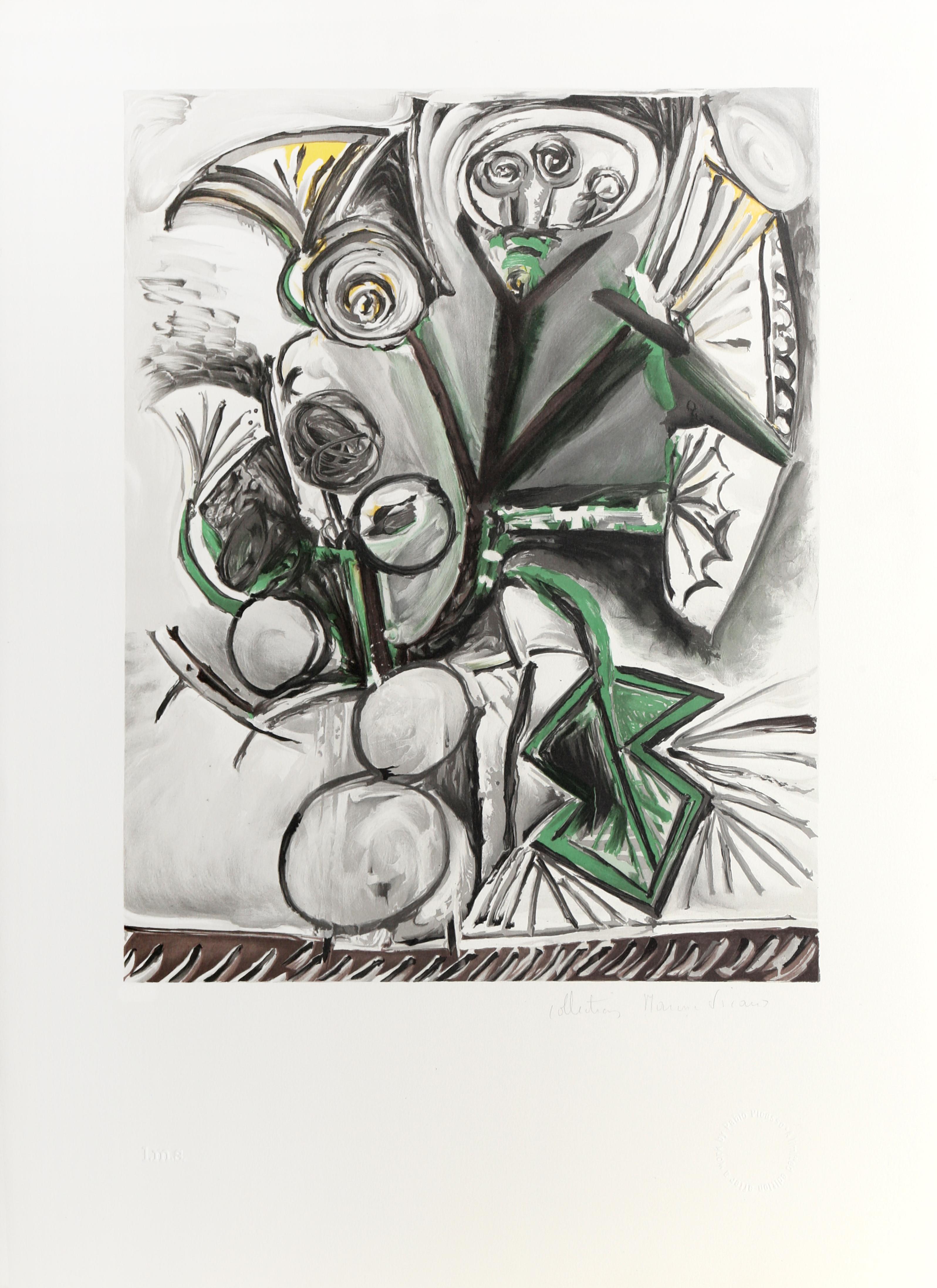 Forgoing traditional perspective, Pablo Picasso creates an angular, unique representation of a bouquet of flowers in this print. Turning in different directions and carrying different blooms, the flowers may be rendered in grayscale but they are