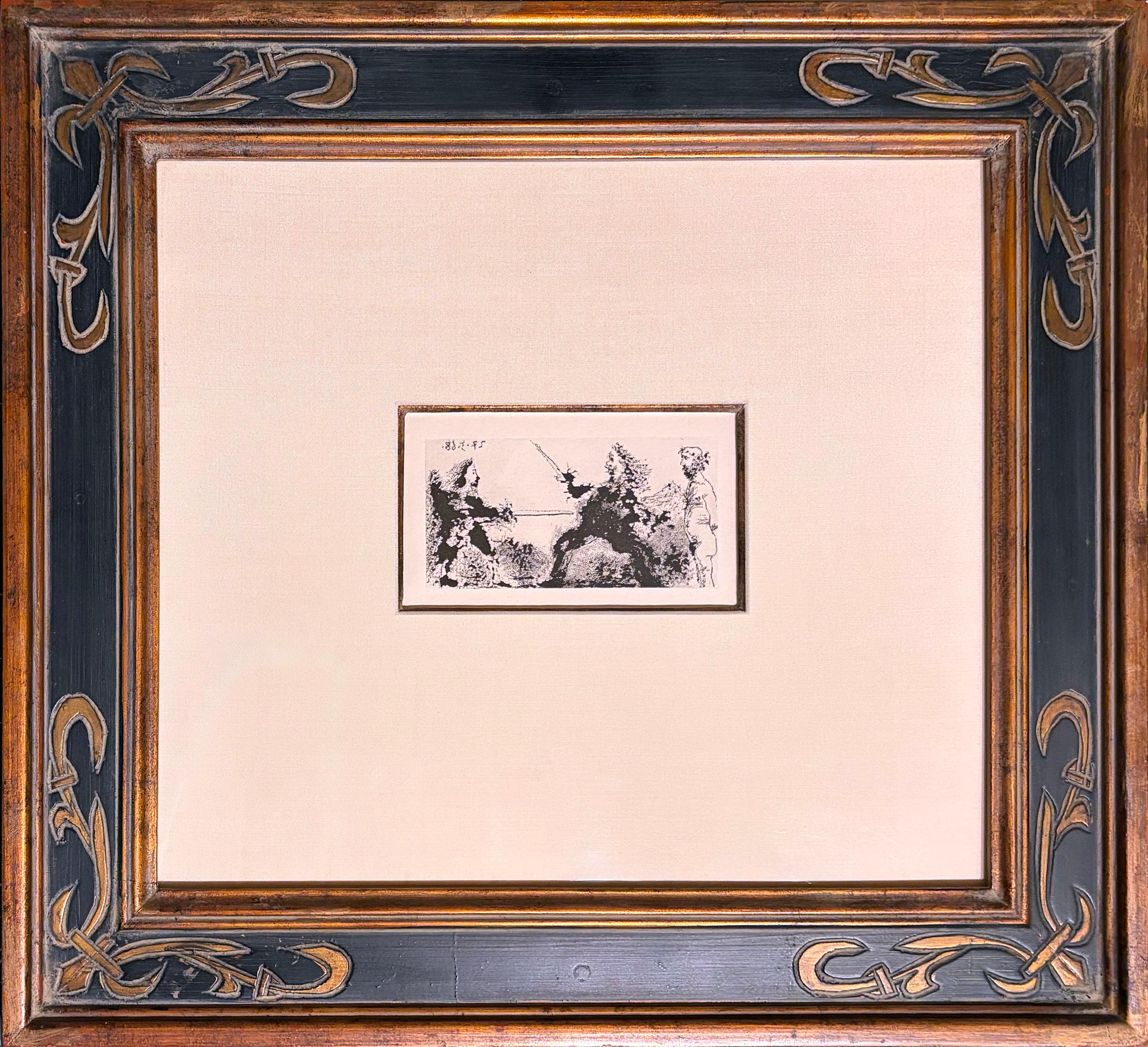 Pablo Picasso — Vieux beau saluant très bas une pupille de la Célestine, 1968

Etching and aquatint on wove paper, dated 28 avril 68 in the plate.
From La Célestine, Picasso’s 1968 interpretation of Fernando de Rojas’s 15th-century novel, produced