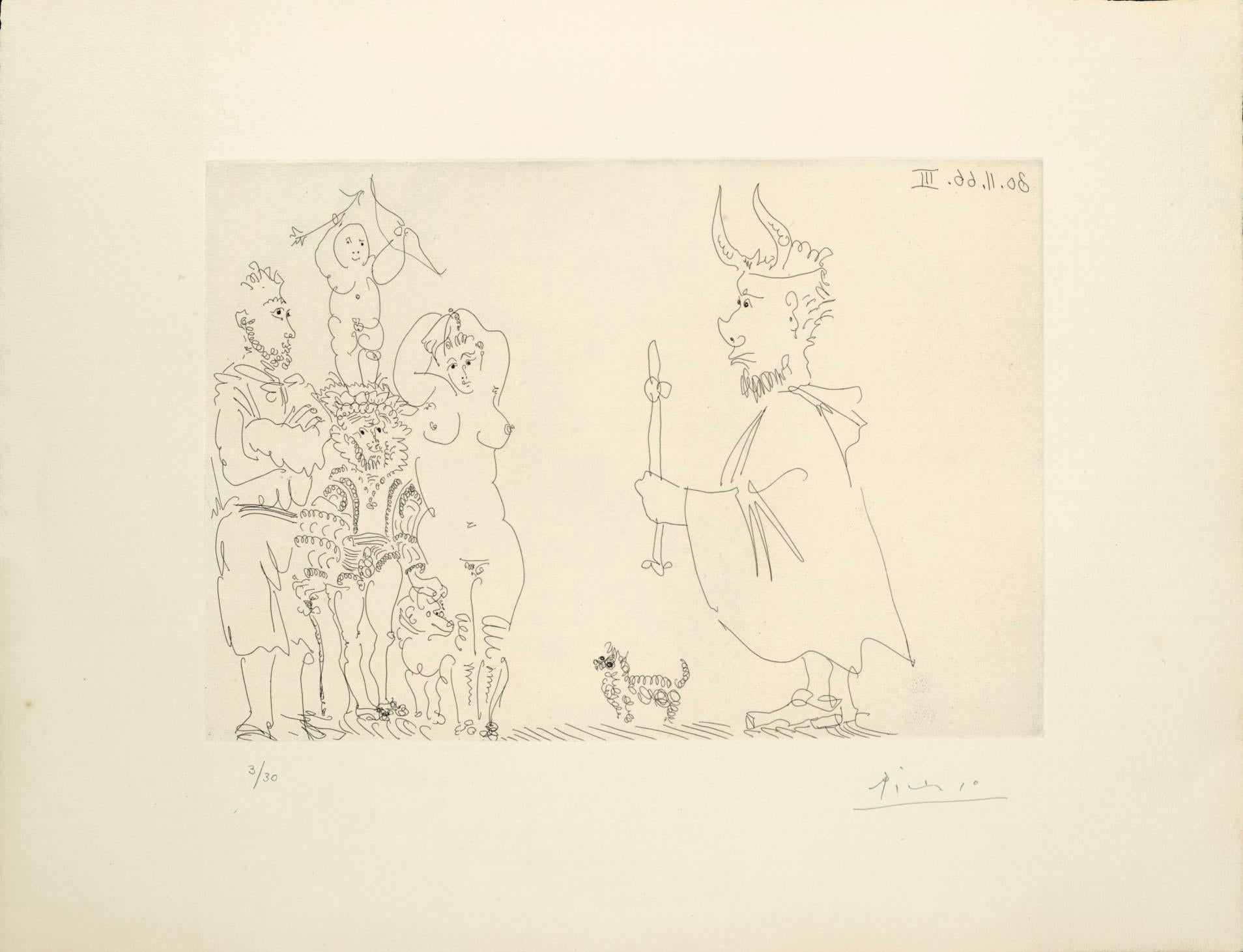 Pablo Picasso Figurative Print - Le cocu devant un groupe avec le séducteur et l'amour