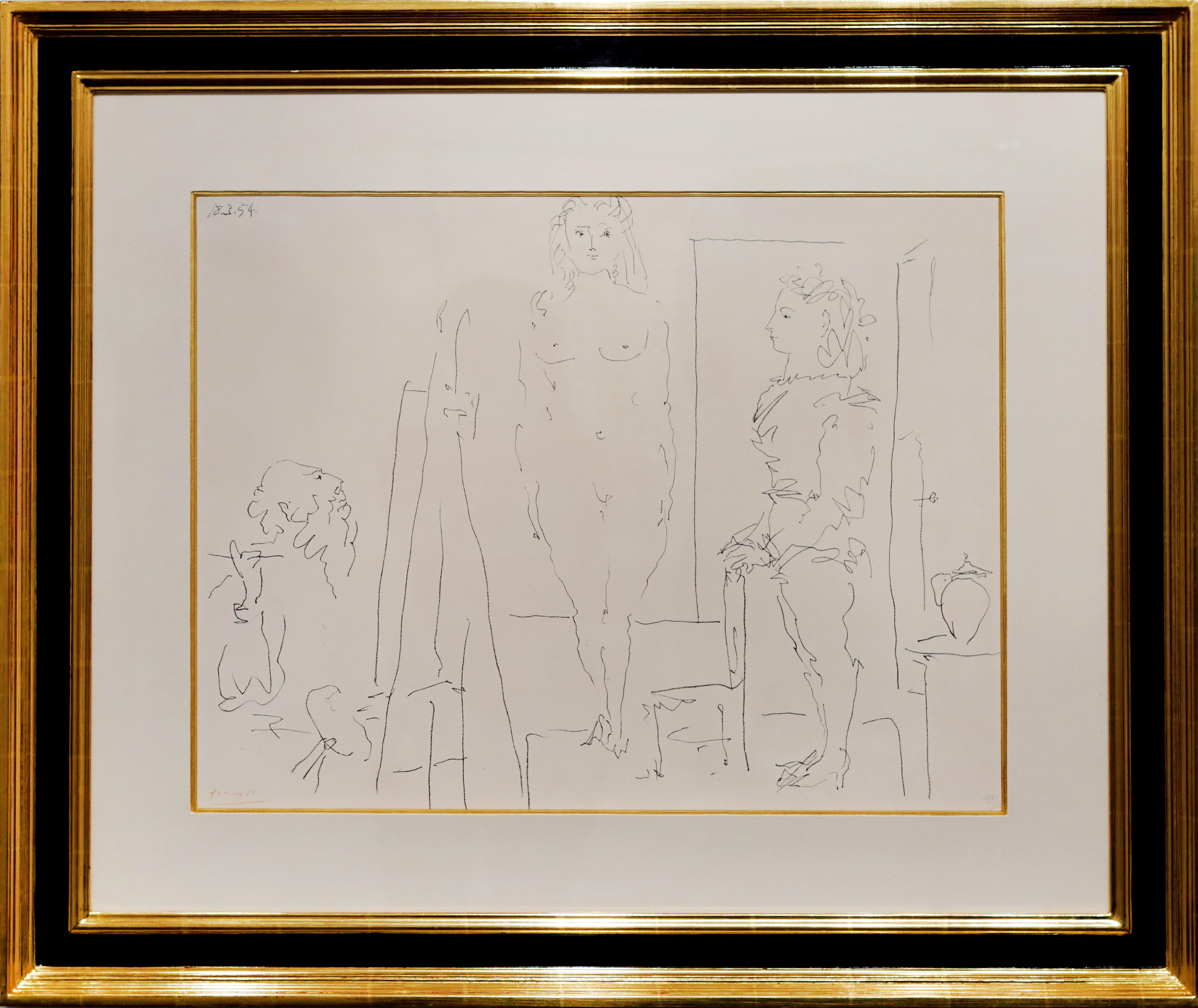 Artist:  Picasso, Pablo
Title:  Le Deux Modeles
Date:  1954
Medium:  Lithograph on watermarked Arches paper
Unframed Dimensions:  19.5" x 24.75"
Framed Dimensions:  31.25" x 37"
Signature:  Pencil signed (in red) lower left
Edition: 