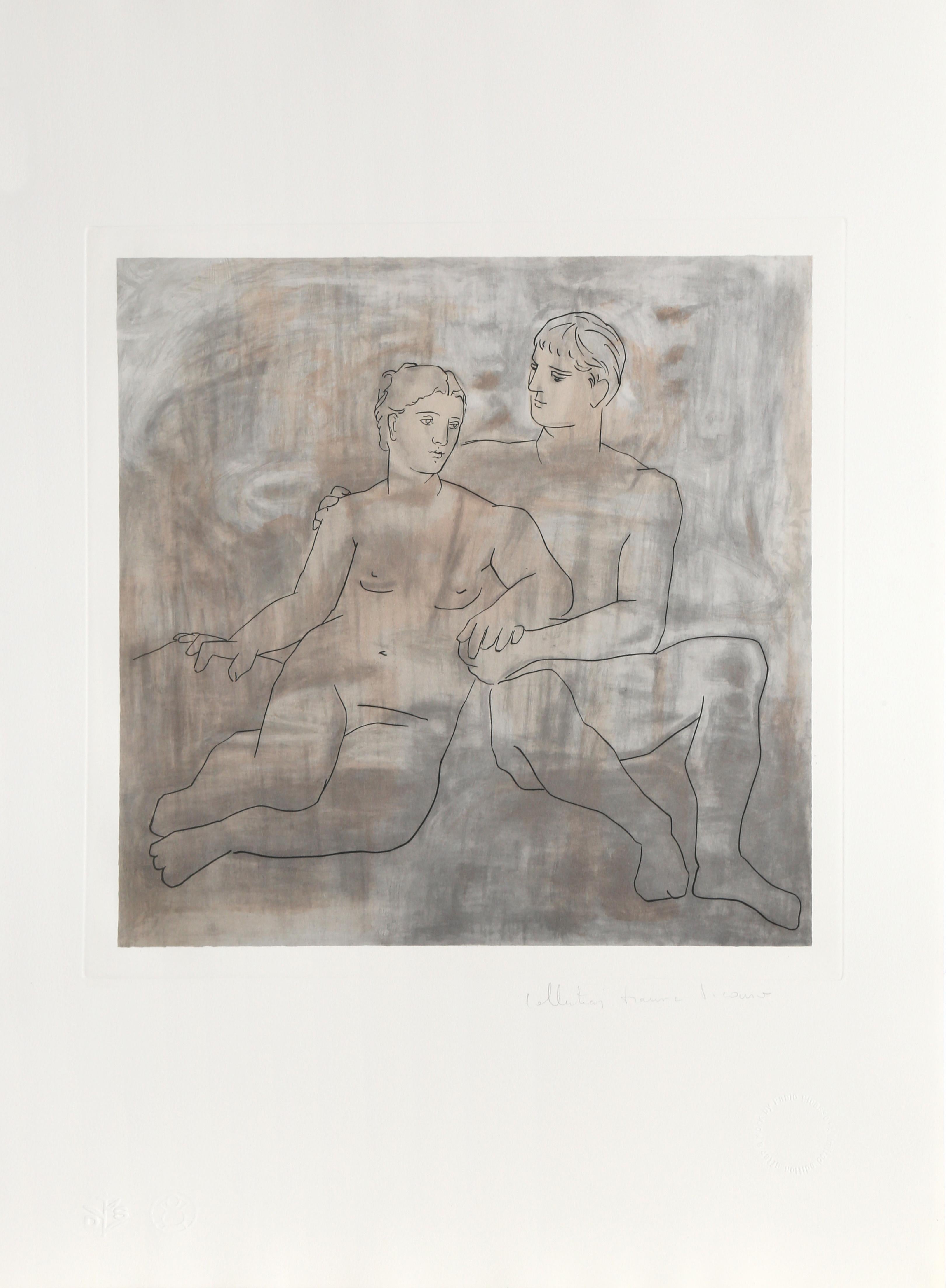 With their fingers interlocking and their bodies leaning against one another, the nude man and woman in this Pablo Picasso print demonstrate their deep affection for one another through their body language. Rendered without shading relying solely on