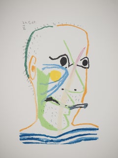 Le goût du Bonheur : Picasso with a Cigarette - Lithograph