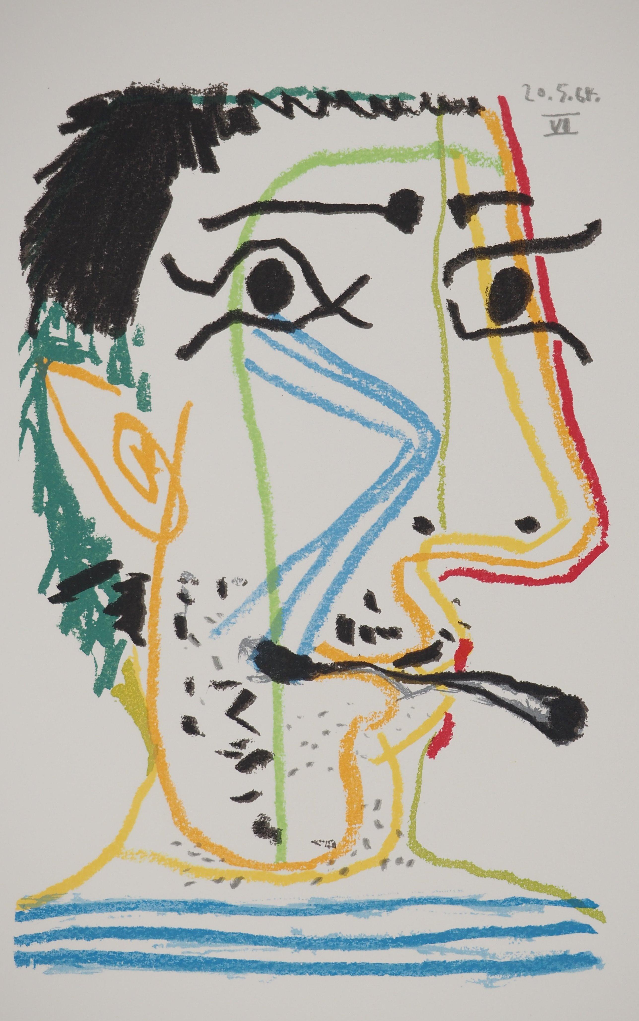 Le goût du Bonheur : Self-Portrait mit einer Zigarette - Lithographie – Print von Pablo Picasso