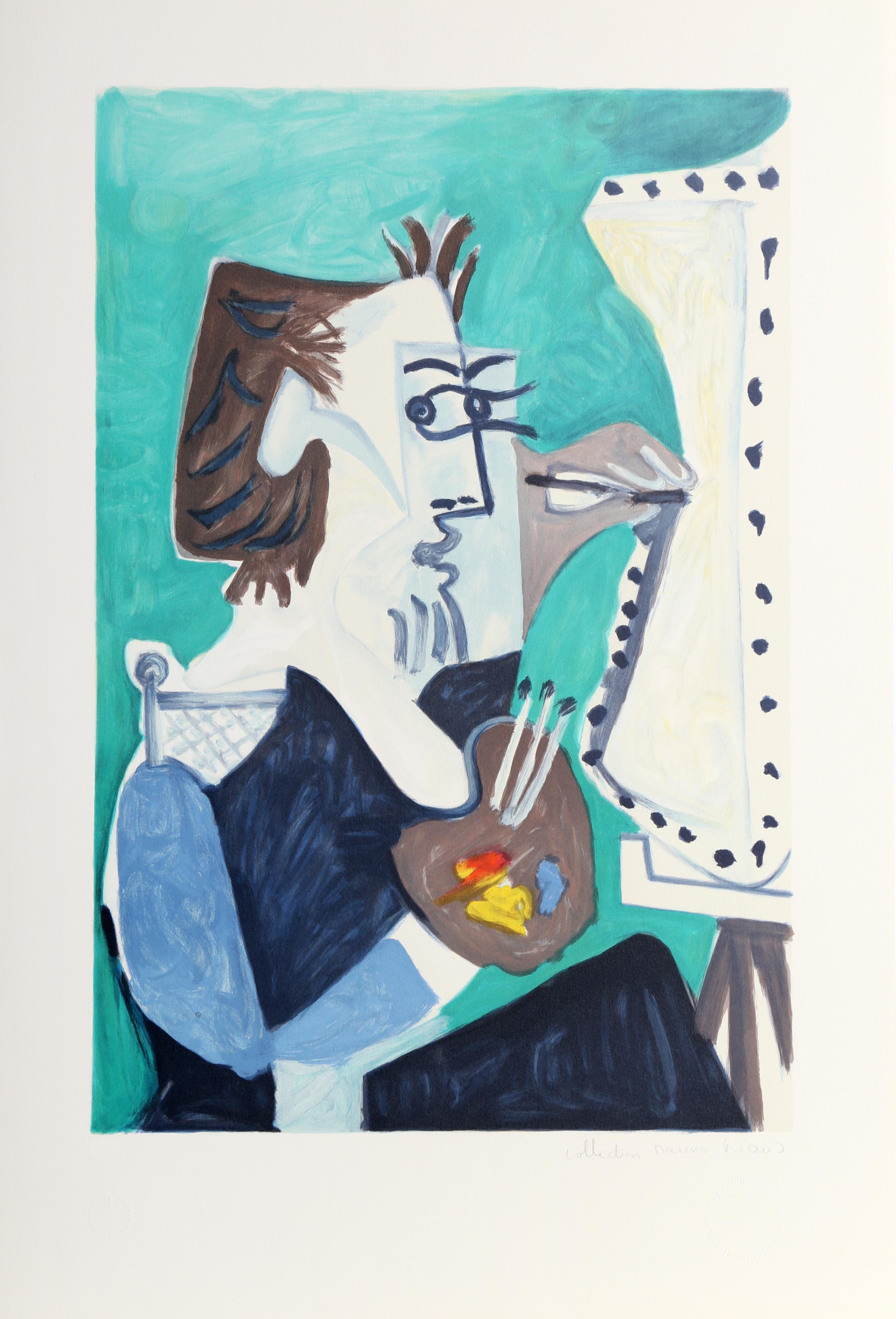 Cette estampe de Pablo Picasso utilise la perspective et les angles pour représenter un artiste dans son atelier. Dans cette œuvre, un peintre est représenté de profil à son chevalet. Avec un fond sarcelle rafraîchissant, les teintes de feu de la