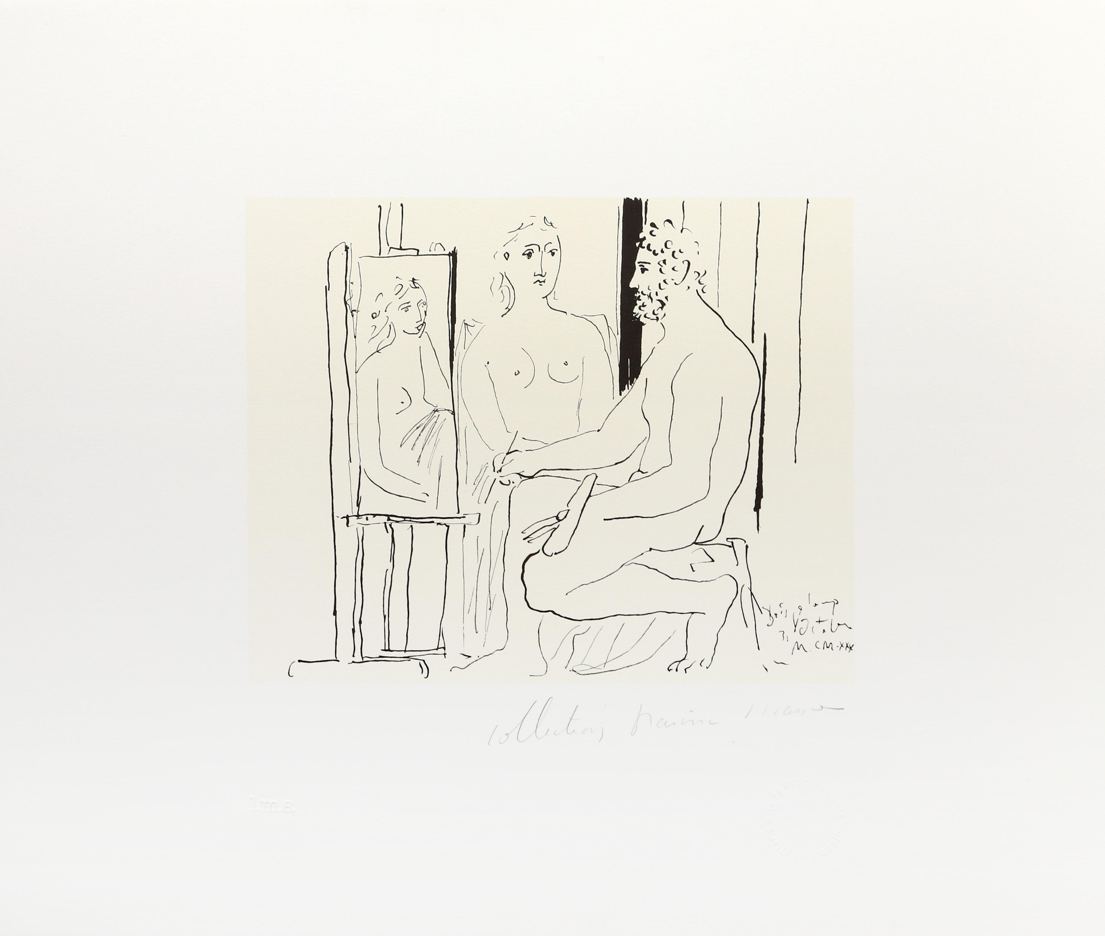 Seated beside her likeness, the nude model in this Pablo Picasso print stares at the painter while he contemplates the portrait he has rendered on the canvas. Both nude, the figures in this work are rendered in soft wavy lines that evoke movement