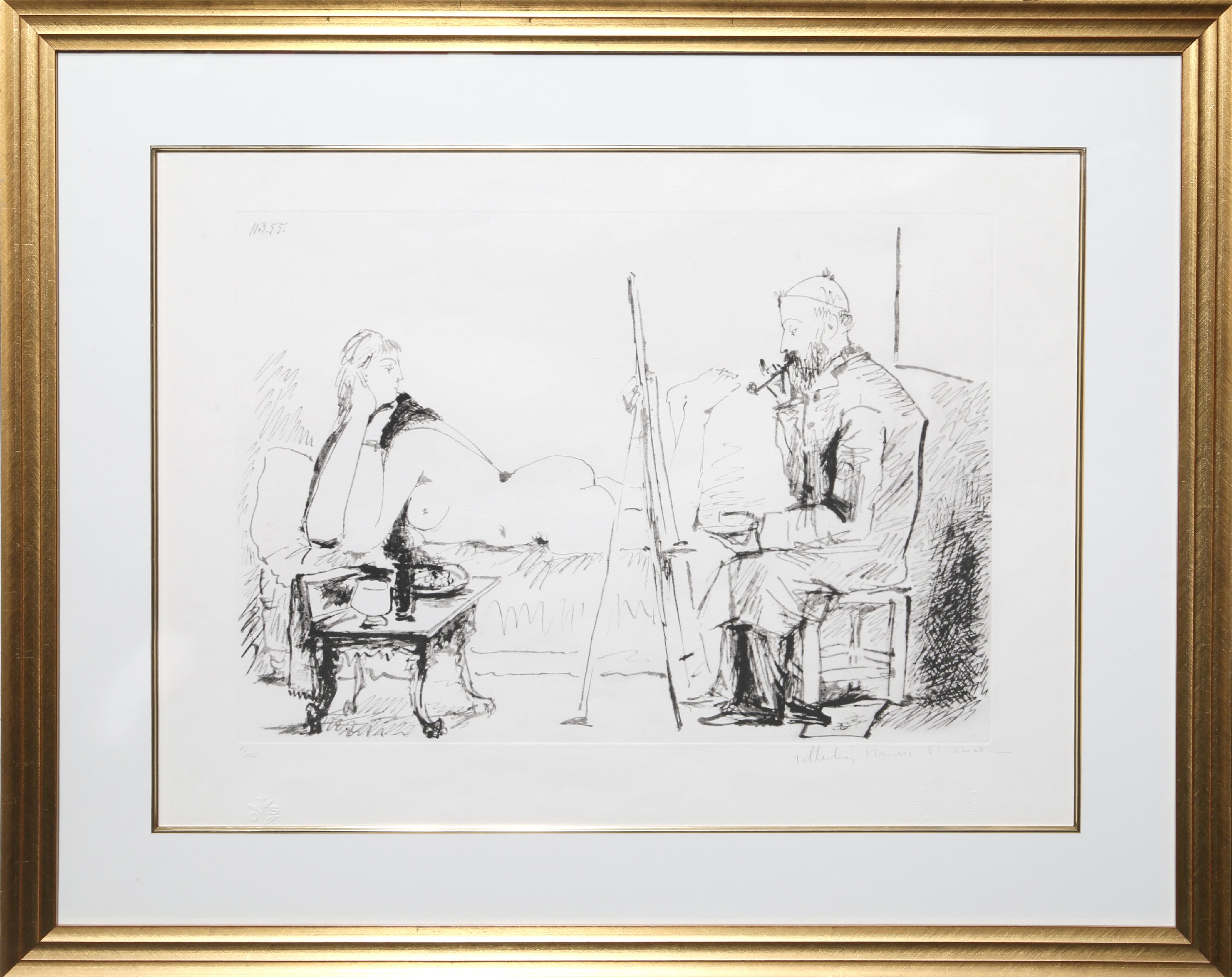 A lithograph from the Marina Picasso Estate Collection after the Pablo Picasso painting "Le Peintre et son Modele". The original painting was completed in 1955. In the 1970's after Picasso's death, Marina Picasso, his granddaughter, authorized the