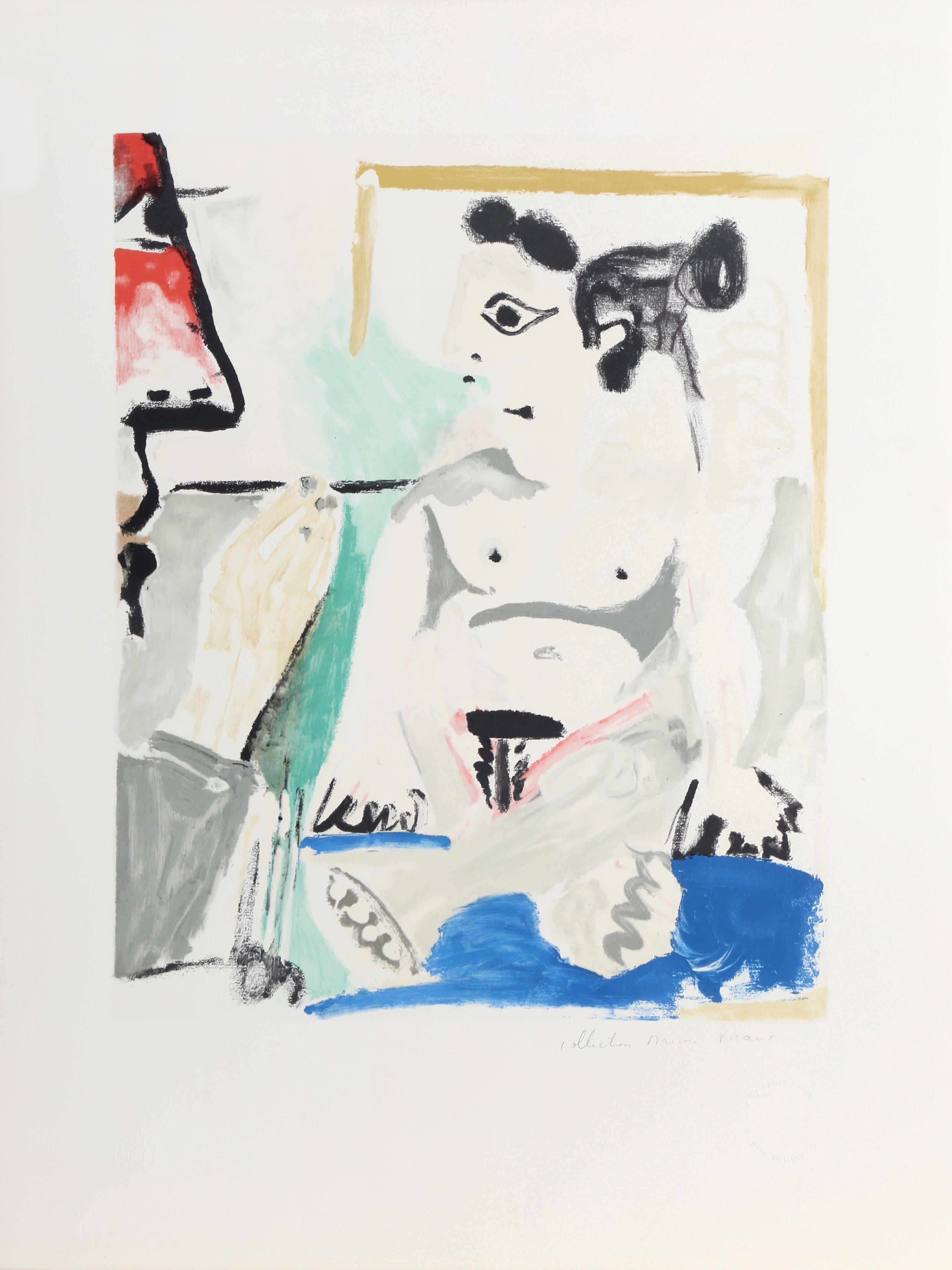 Looking to the side, the nude female model in this Pablo Picasso print poses for the painter before her who renders her likeness. Shown along the upper right of the composition, the profile of the painter can be seen as he fervently captures the