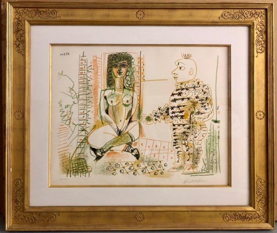 Pablo Picasso’s Le Peintre et son Modèle (The Painter and His Model) is a striking lithograph created in 1954. This work embodies Picasso’s fascination with the dynamic relationship between the artist and the muse, a recurring theme throughout his